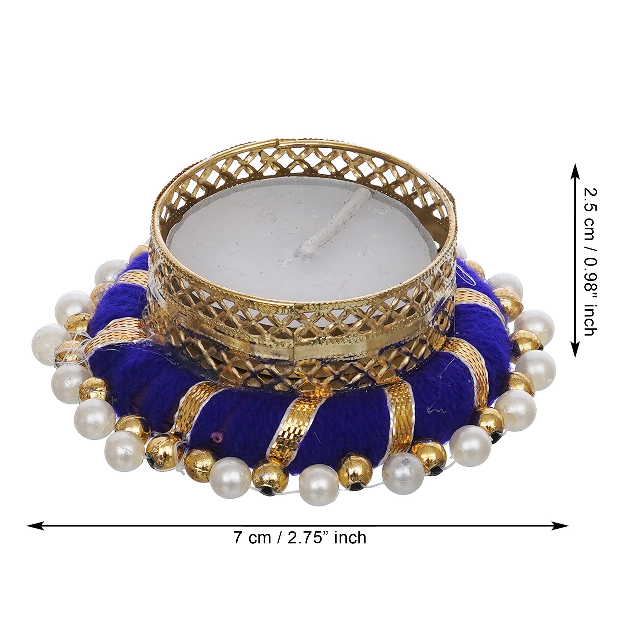 eCraftIndia Set of 4 Golden and Blue Round Shaped Beaded Decorative Tea Light Candle Holders 3