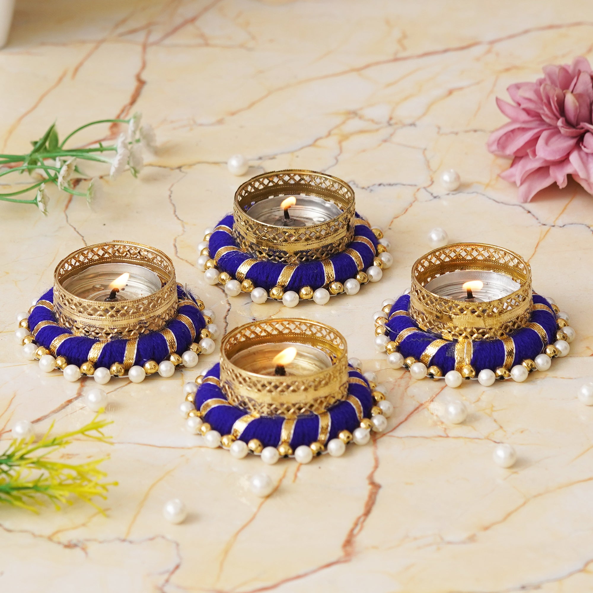 eCraftIndia Set of 4 Golden and Blue Round Shaped Beaded Decorative Tea Light Candle Holders 4