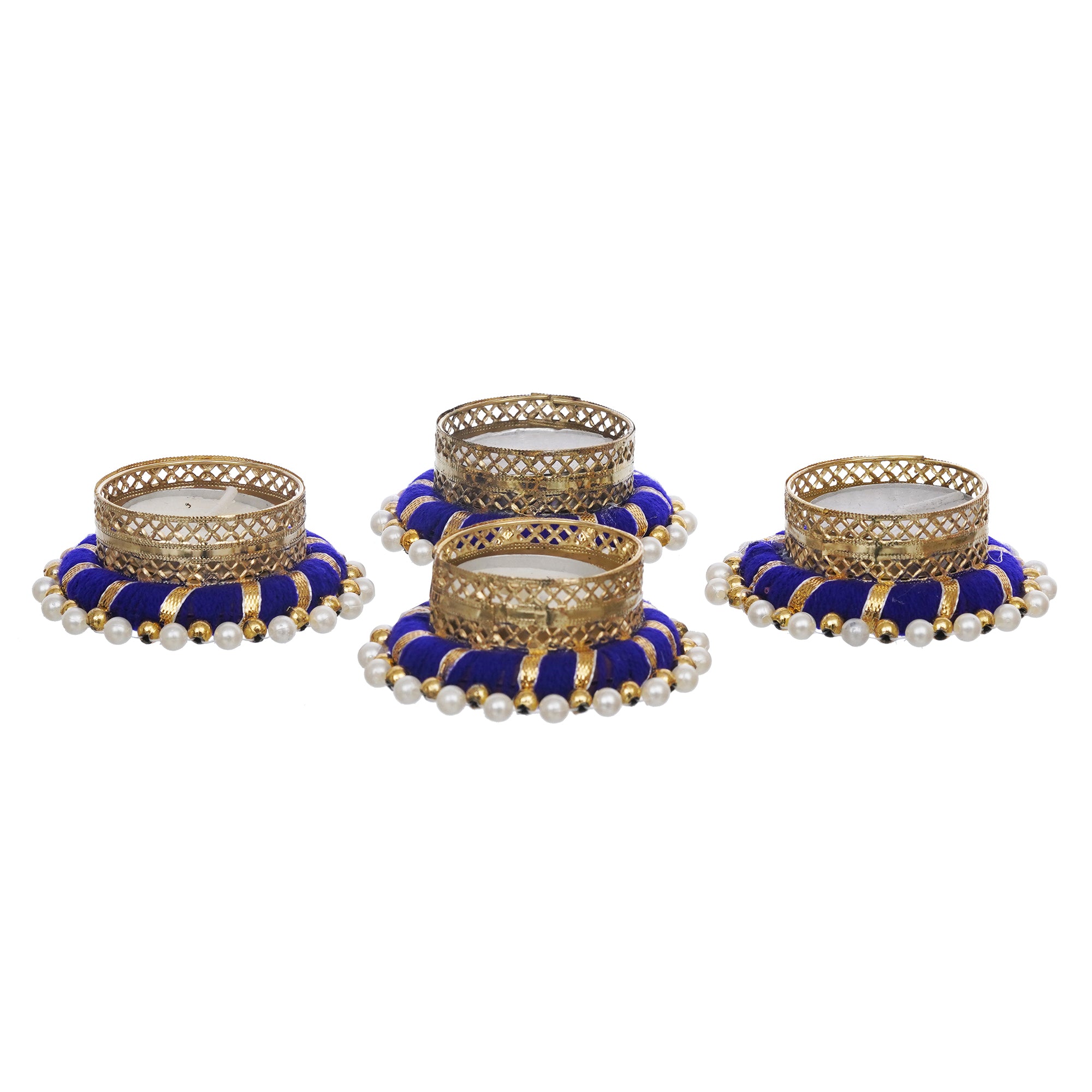 eCraftIndia Set of 4 Golden and Blue Round Shaped Beaded Decorative Tea Light Candle Holders 6