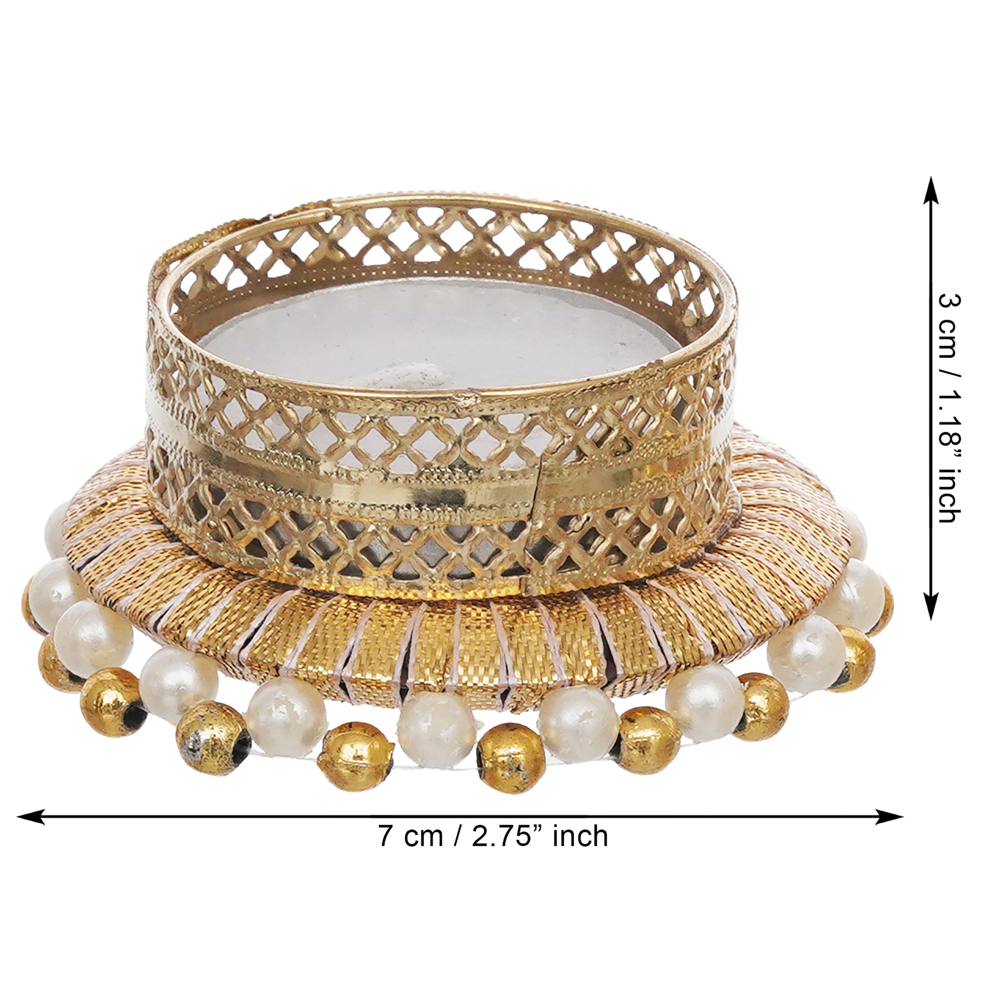 eCraftIndia Set of 2 Golden & White Round Shaped Beaded Decorative Tea Light Candle Holders 3