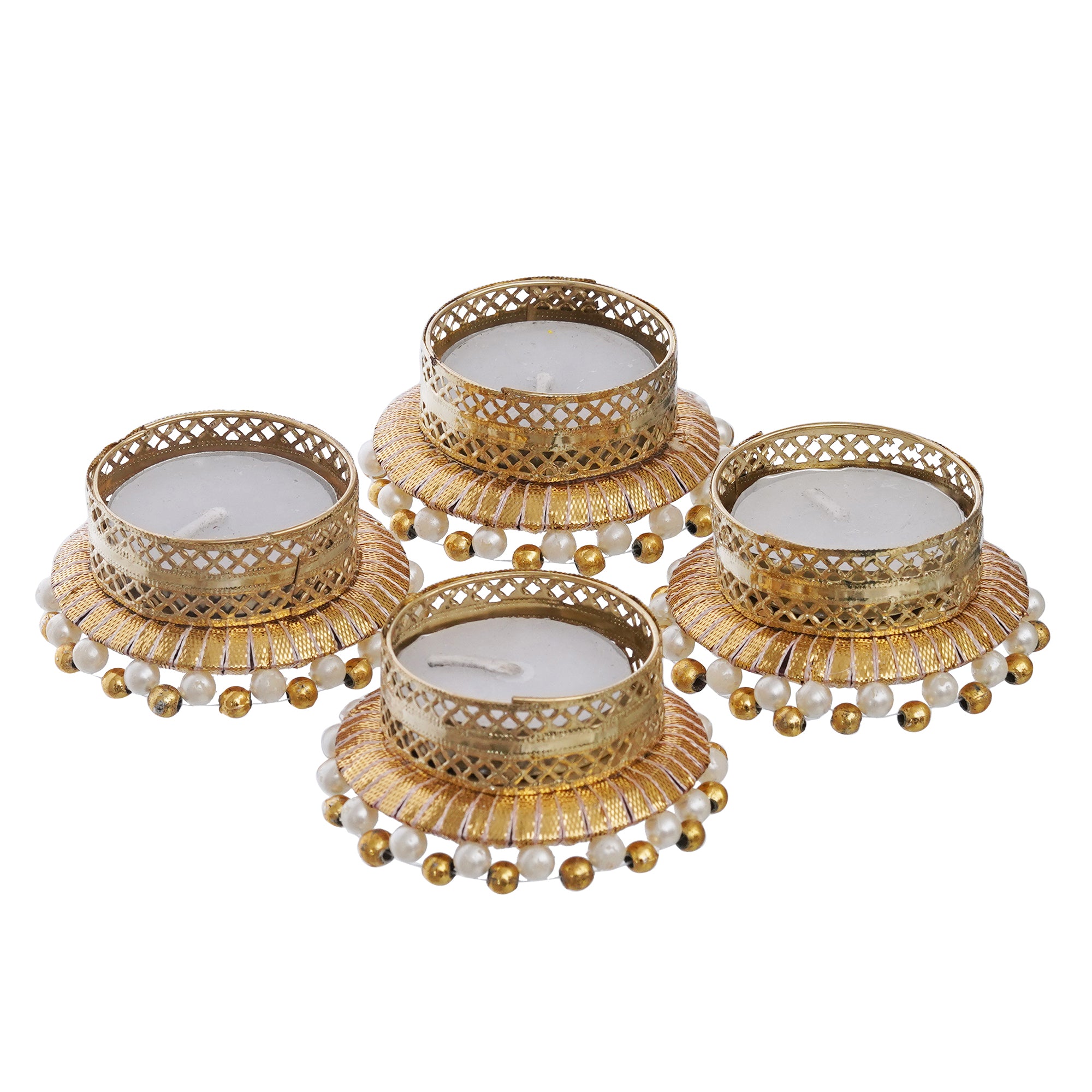 eCraftIndia Set of 4 Golden & White Round Shaped Beaded Decorative Tea Light Candle Holders 2