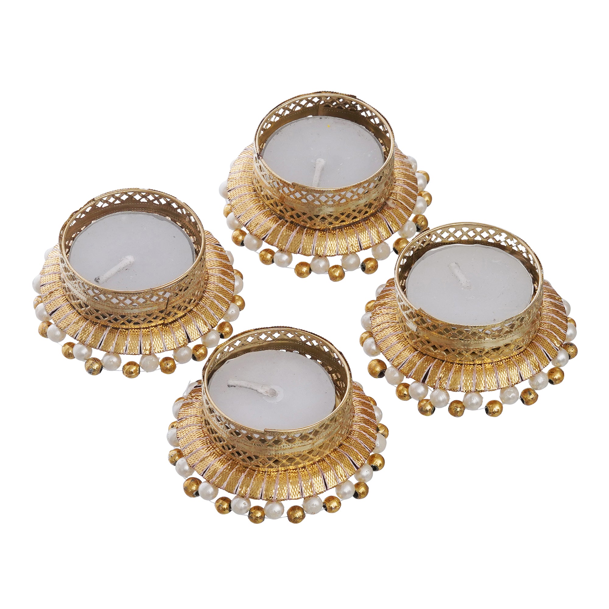 eCraftIndia Set of 4 Golden & White Round Shaped Beaded Decorative Tea Light Candle Holders 6