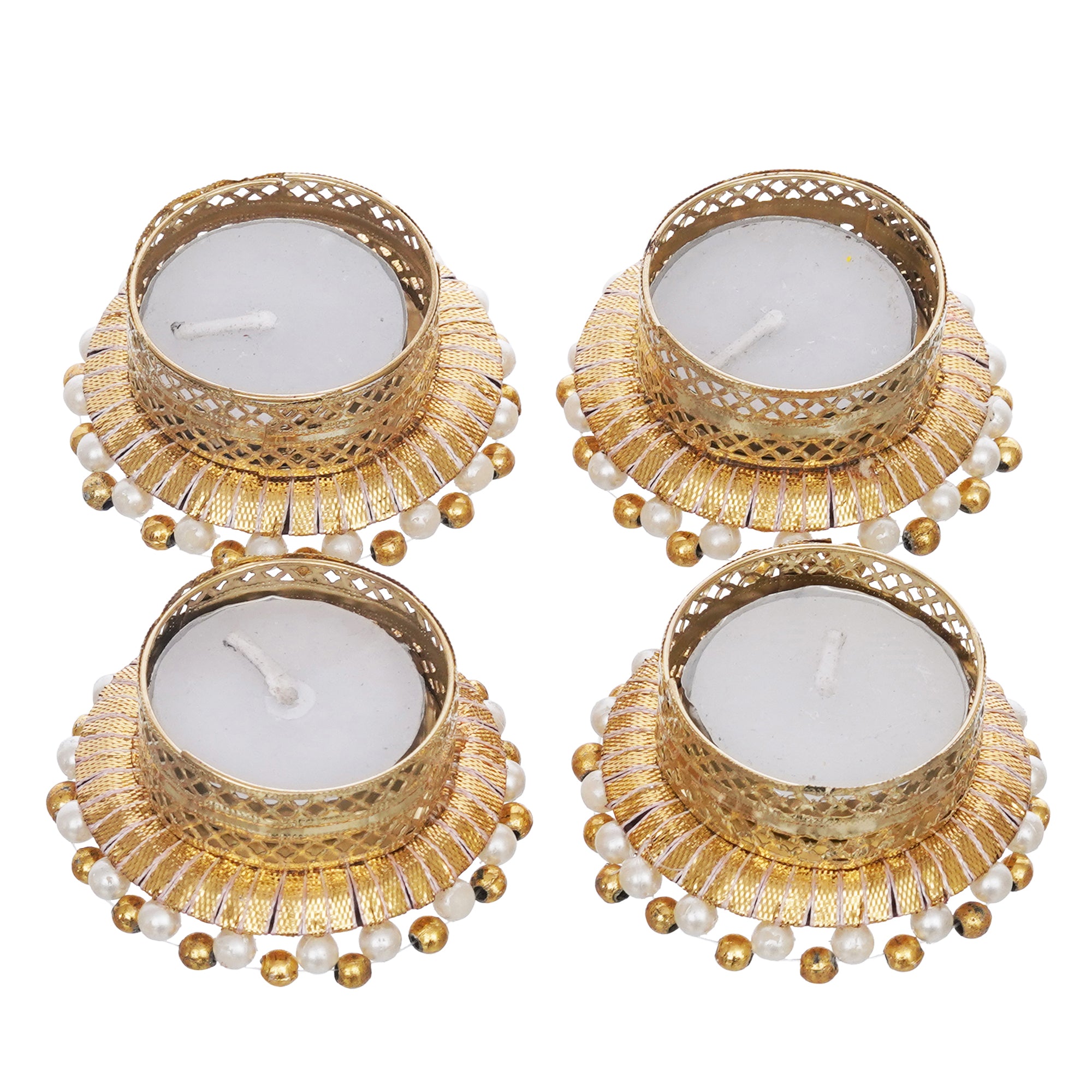 eCraftIndia Set of 4 Golden & White Round Shaped Beaded Decorative Tea Light Candle Holders 7