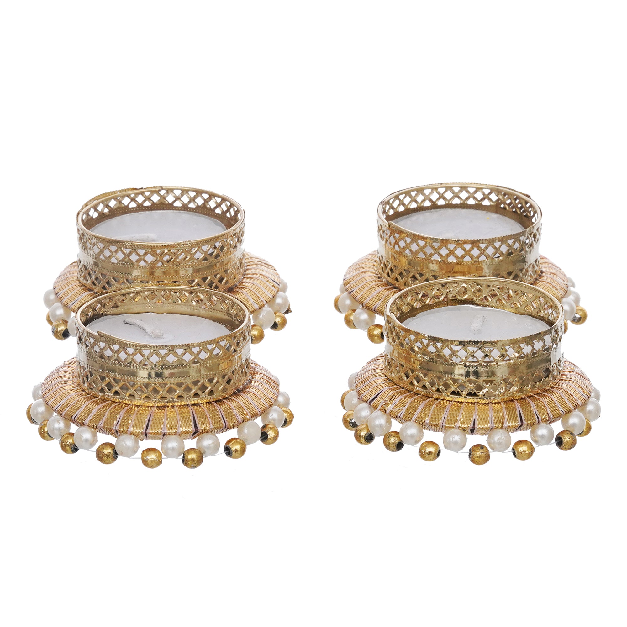 eCraftIndia Set of 4 Golden & White Round Shaped Beaded Decorative Tea Light Candle Holders 8
