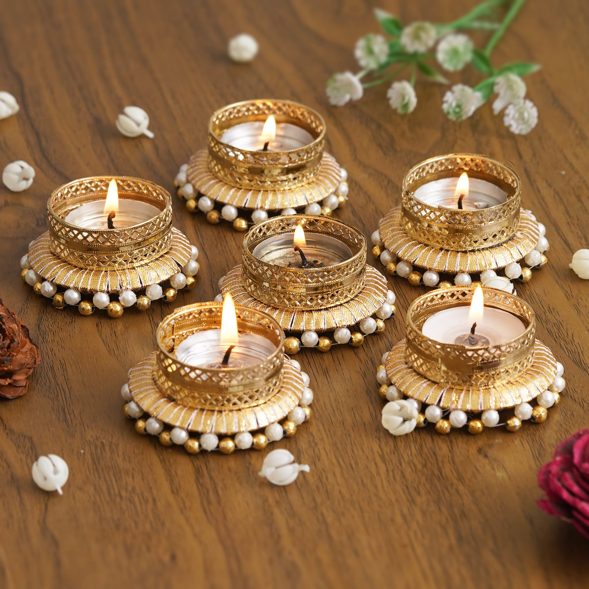 eCraftIndia Set of 6 Golden & White Round Shaped Beaded Decorative Tea Light Candle Holders 1