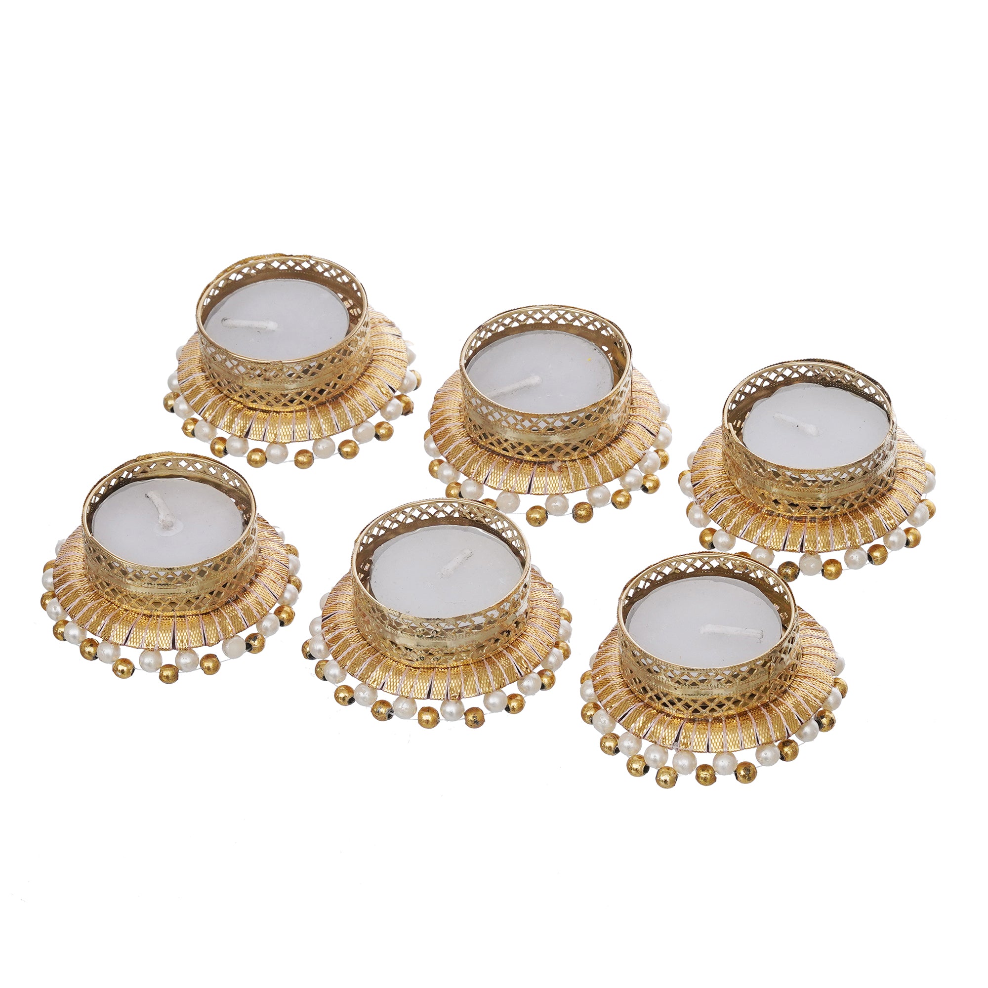 eCraftIndia Set of 6 Golden & White Round Shaped Beaded Decorative Tea Light Candle Holders 2