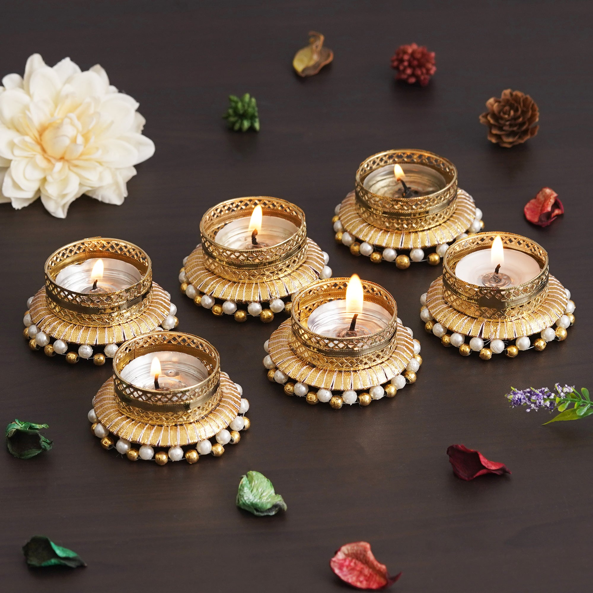 eCraftIndia Set of 6 Golden & White Round Shaped Beaded Decorative Tea Light Candle Holders 4