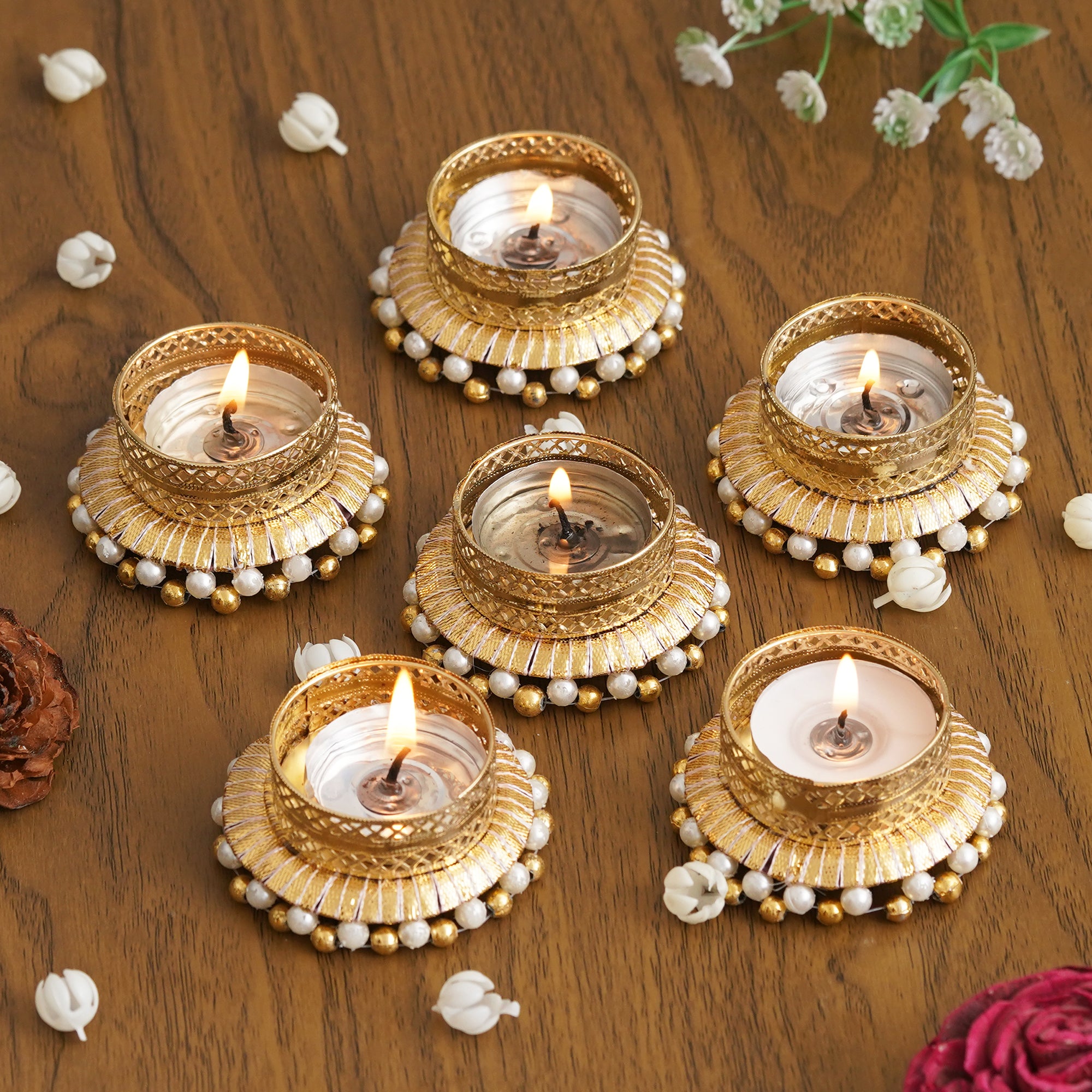 eCraftIndia Set of 6 Golden & White Round Shaped Beaded Decorative Tea Light Candle Holders 5
