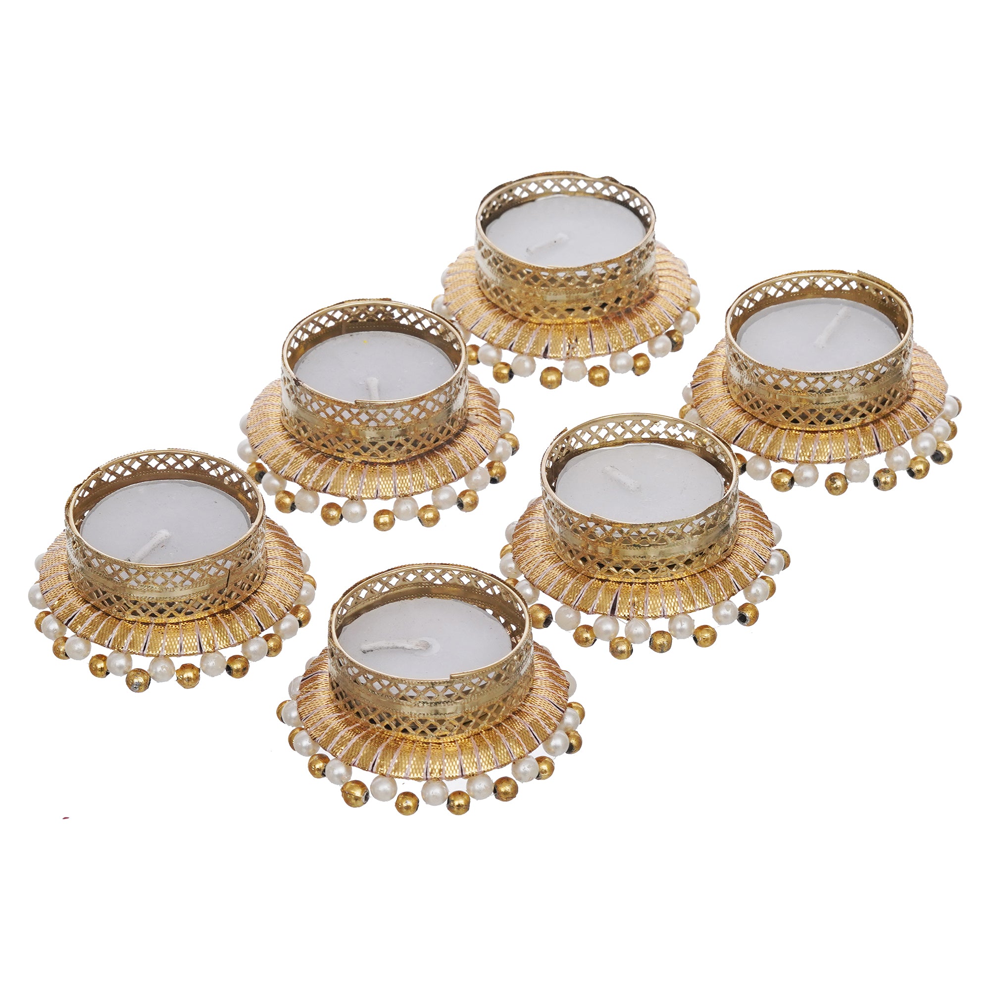 eCraftIndia Set of 6 Golden & White Round Shaped Beaded Decorative Tea Light Candle Holders 6