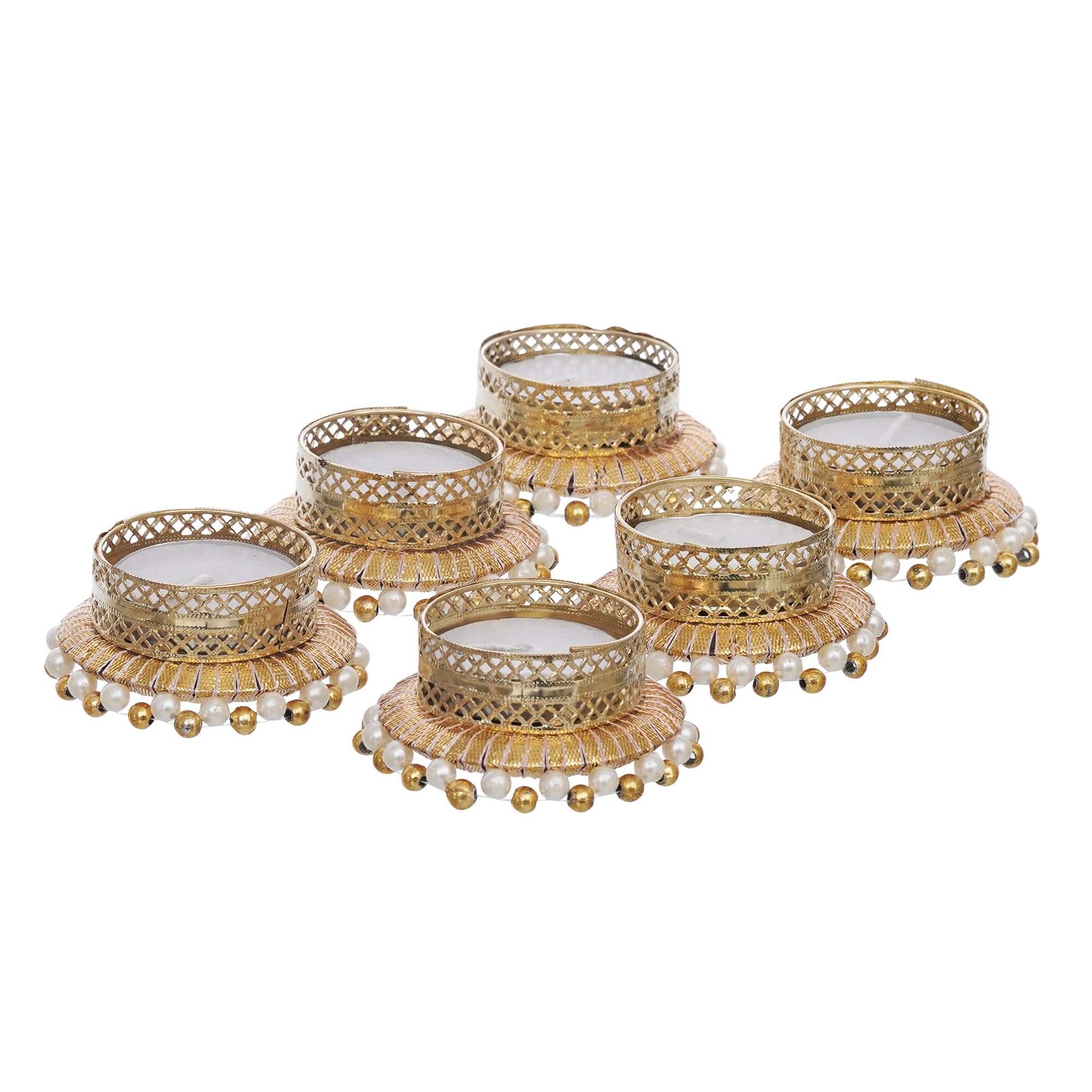 eCraftIndia Set of 6 Golden & White Round Shaped Beaded Decorative Tea Light Candle Holders 7