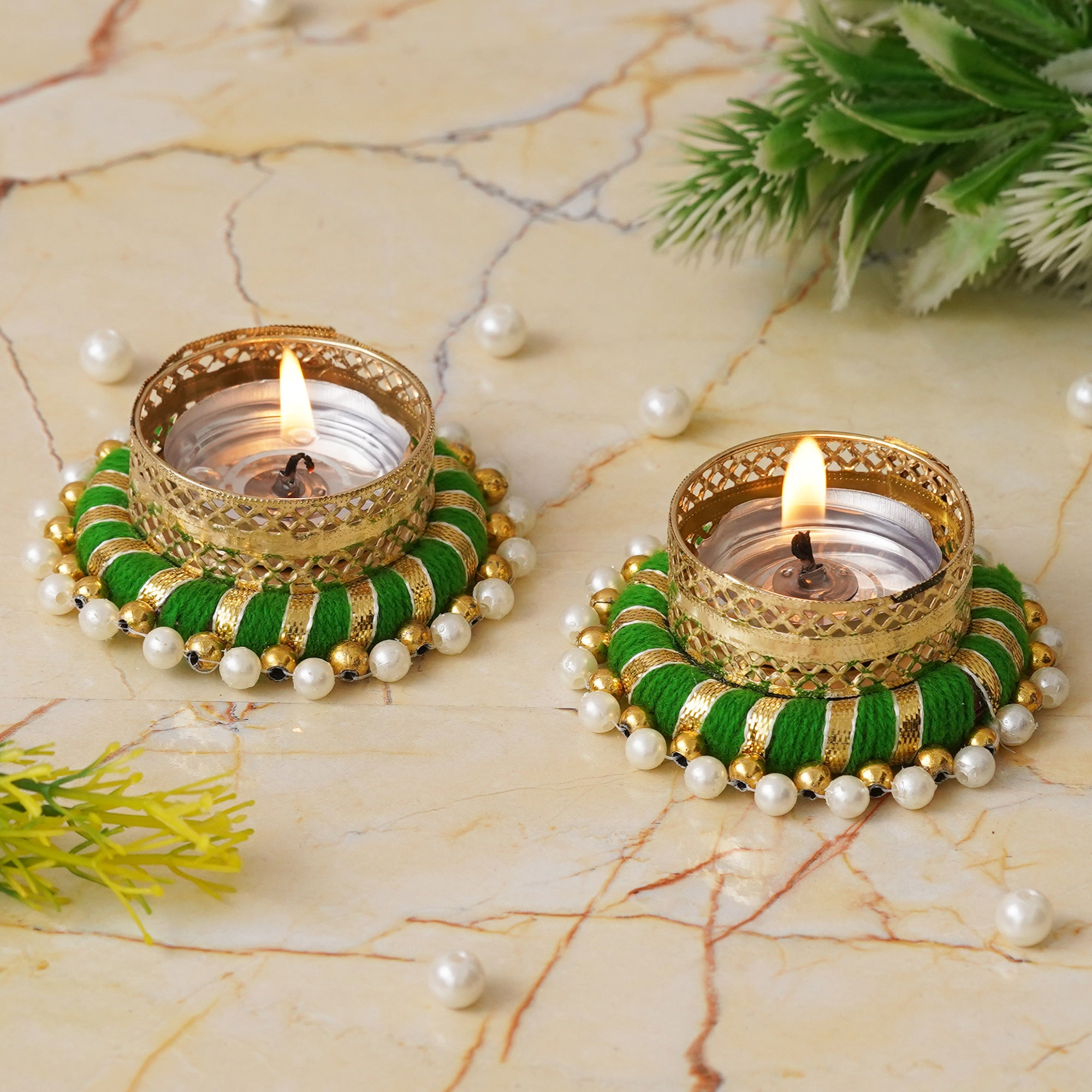 eCraftIndia Golden and Green Decorative Tea Light Candle Holders (Set of 2) 1
