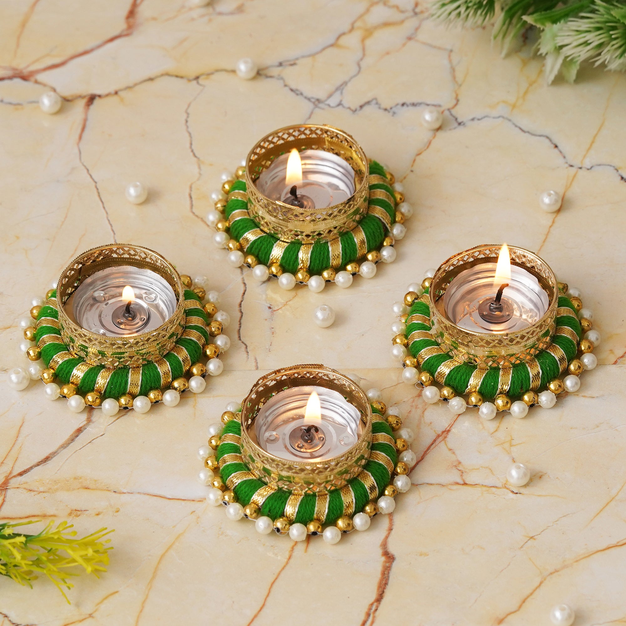eCraftIndia Set of 4 Green & Golden Round Shaped Beaded Decorative Tea Light Candle Holders 1