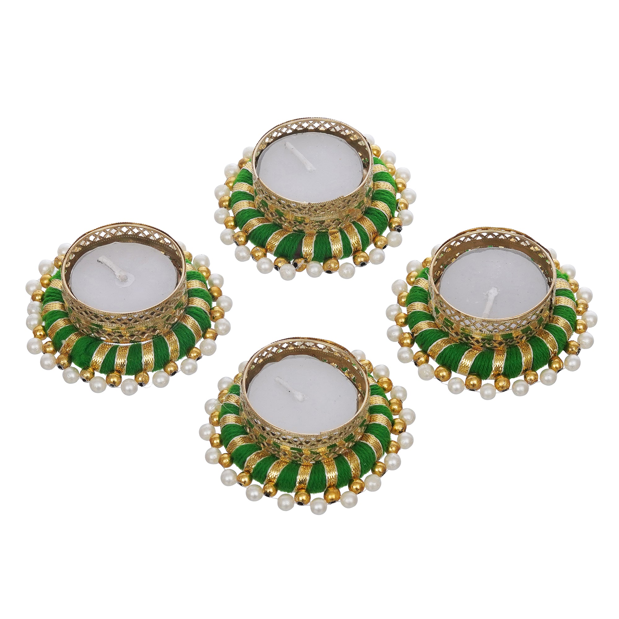 eCraftIndia Set of 4 Green & Golden Round Shaped Beaded Decorative Tea Light Candle Holders 2