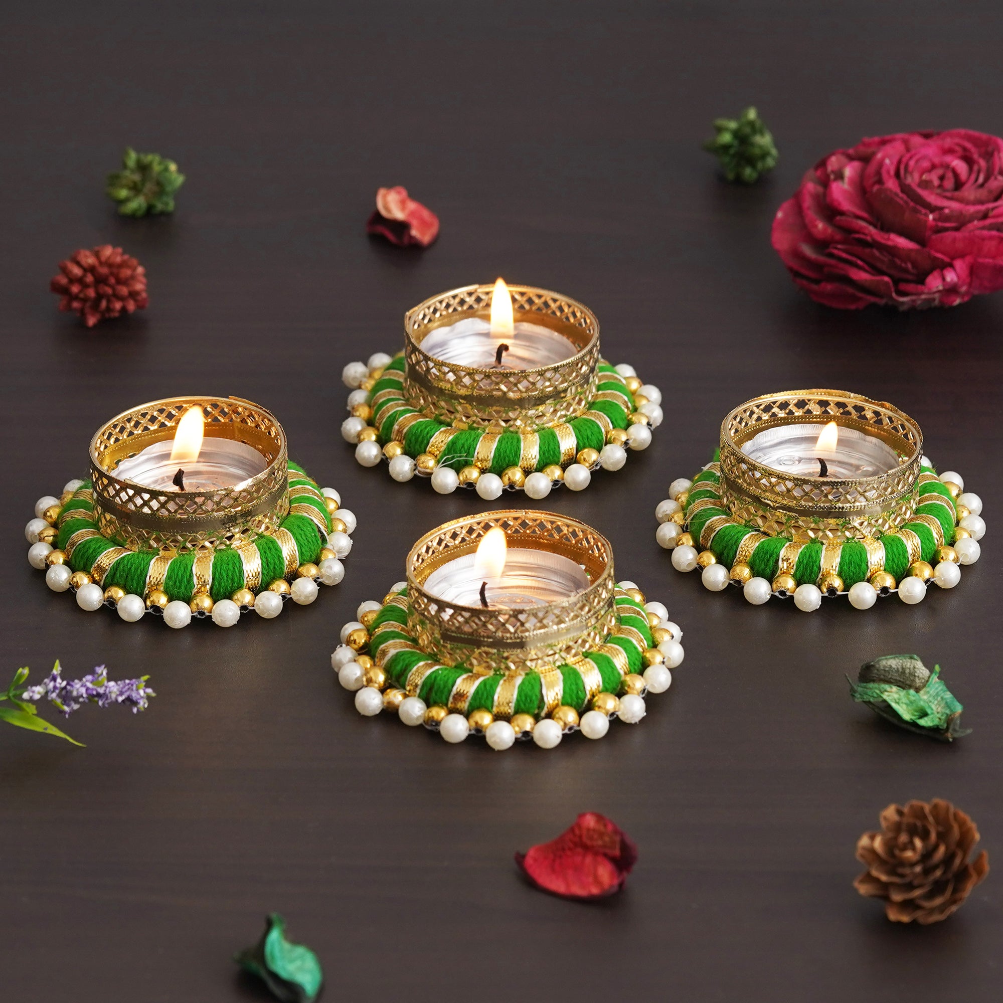 eCraftIndia Set of 4 Green & Golden Round Shaped Beaded Decorative Tea Light Candle Holders 4