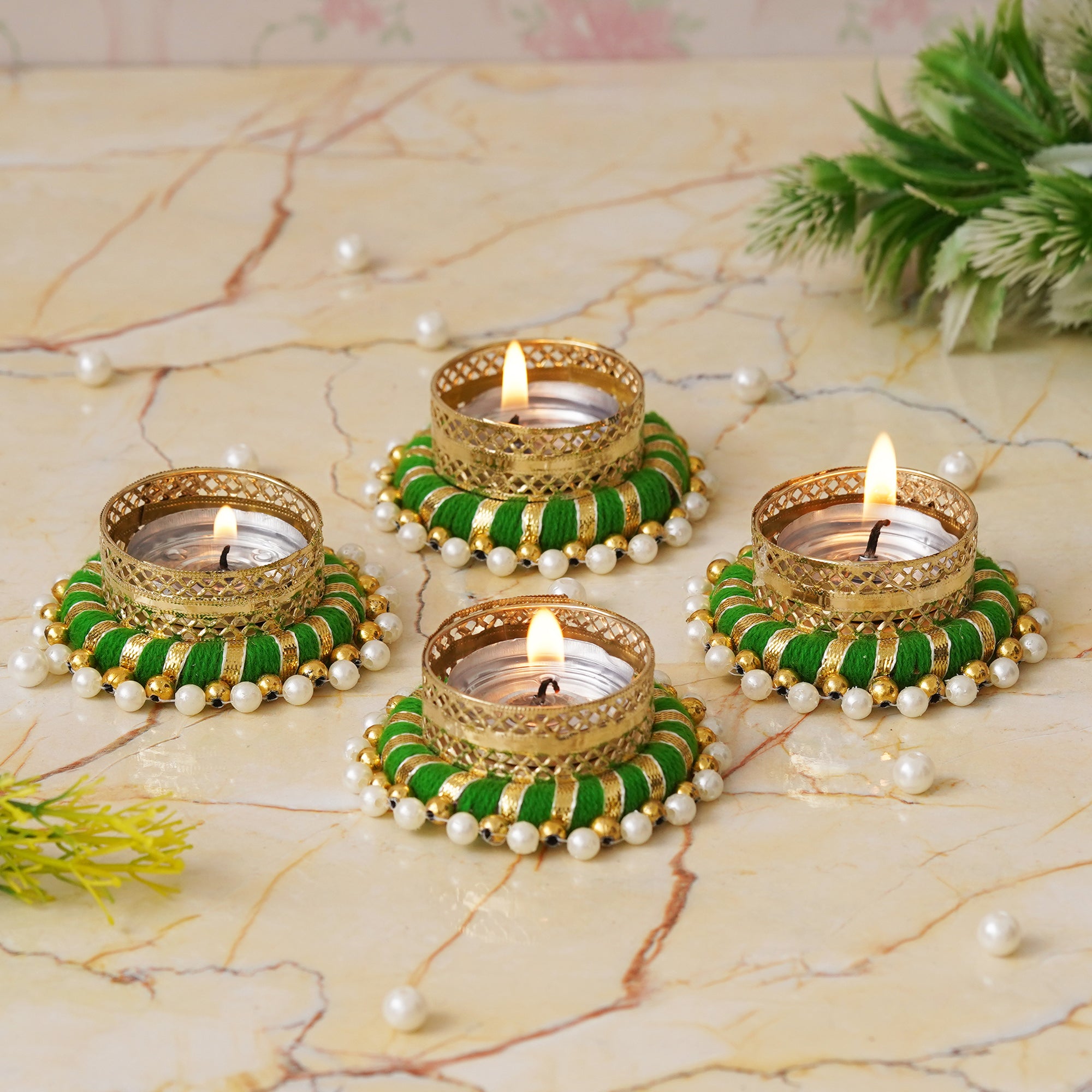 eCraftIndia Set of 4 Green & Golden Round Shaped Beaded Decorative Tea Light Candle Holders 5