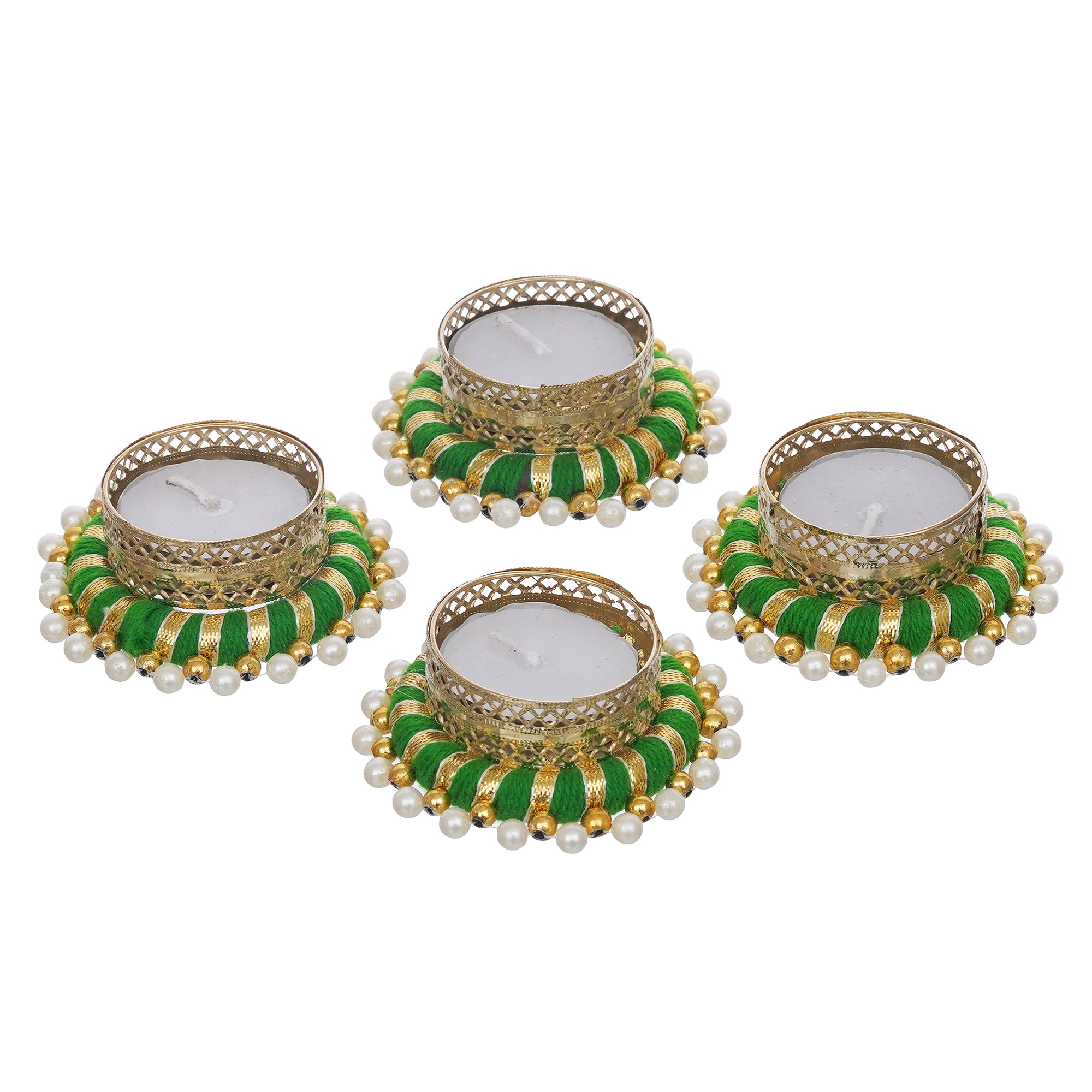 eCraftIndia Set of 4 Green & Golden Round Shaped Beaded Decorative Tea Light Candle Holders 6