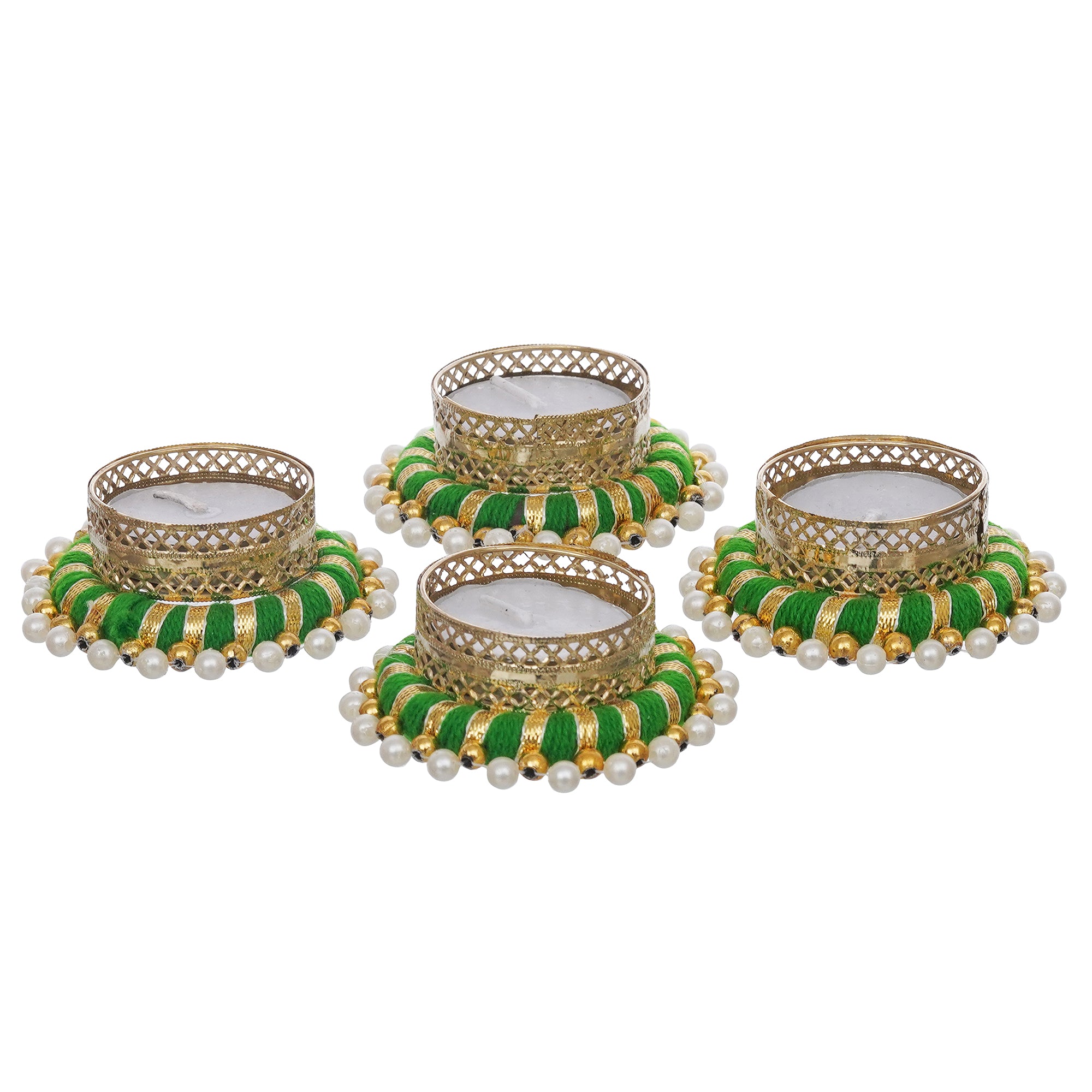 eCraftIndia Set of 4 Green & Golden Round Shaped Beaded Decorative Tea Light Candle Holders 7