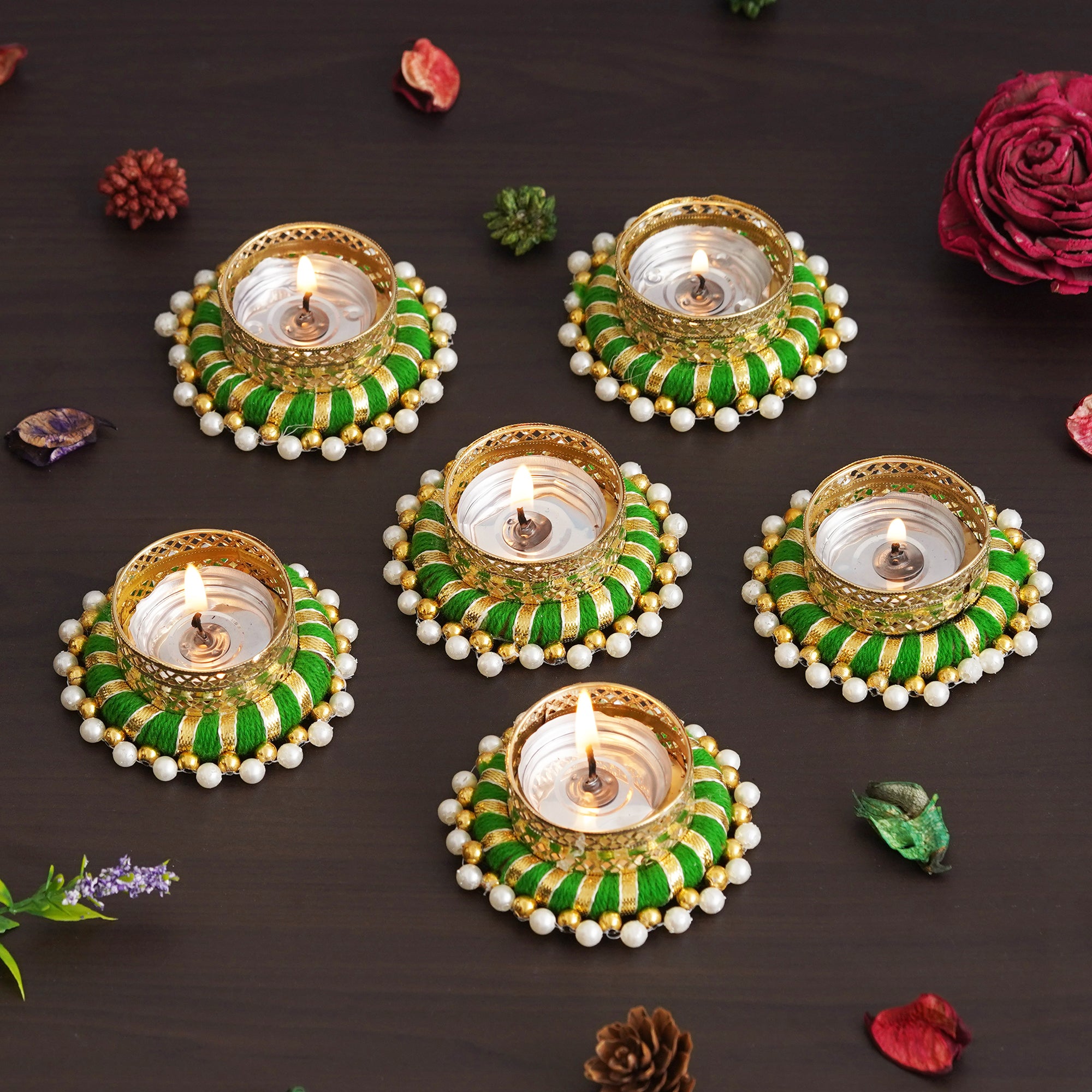 eCraftIndia Set of 6 Green & Golden Round Shaped Beaded Decorative Tea Light Candle Holders