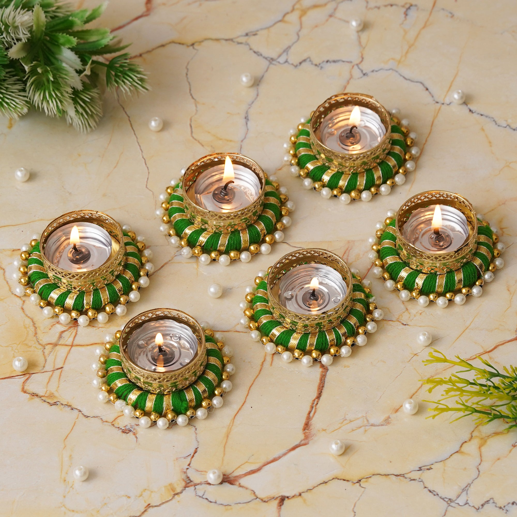 eCraftIndia Set of 6 Green & Golden Round Shaped Beaded Decorative Tea Light Candle Holders 1