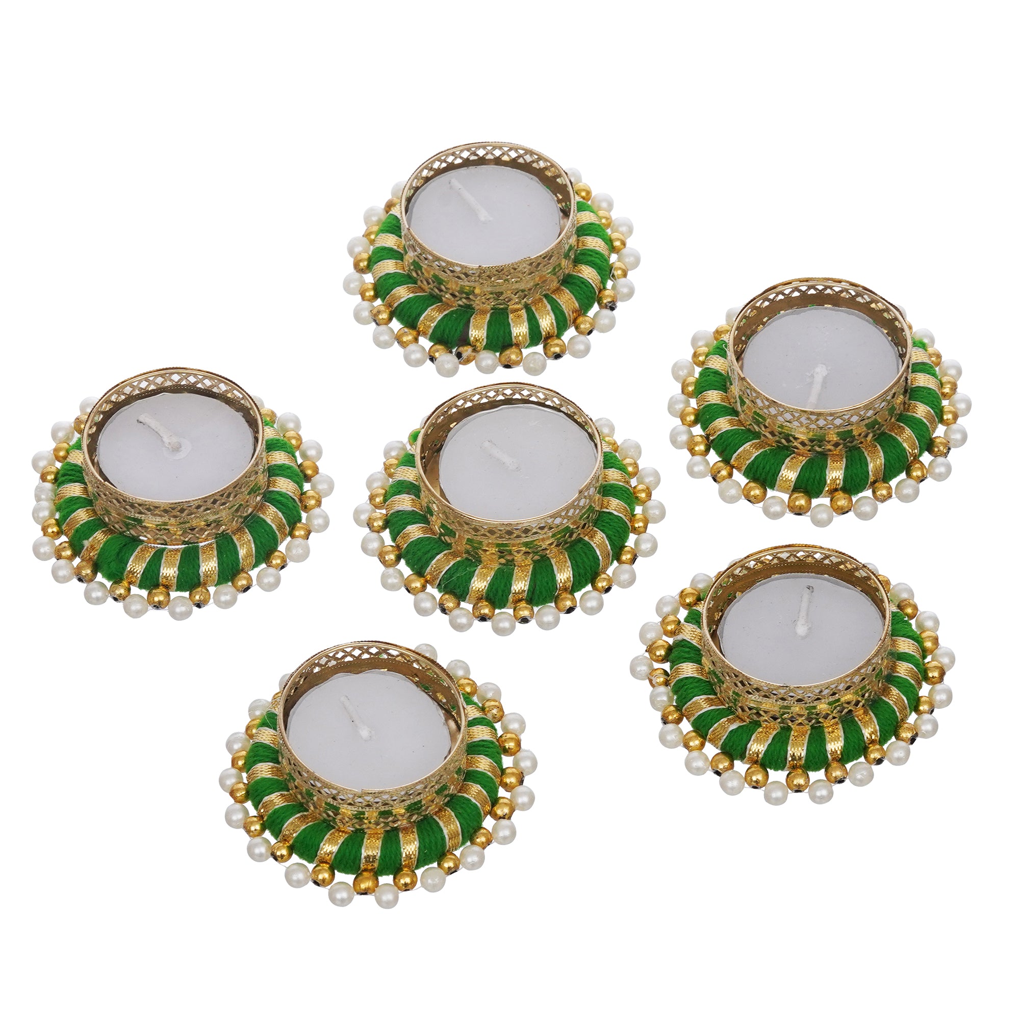 eCraftIndia Set of 6 Green & Golden Round Shaped Beaded Decorative Tea Light Candle Holders 2