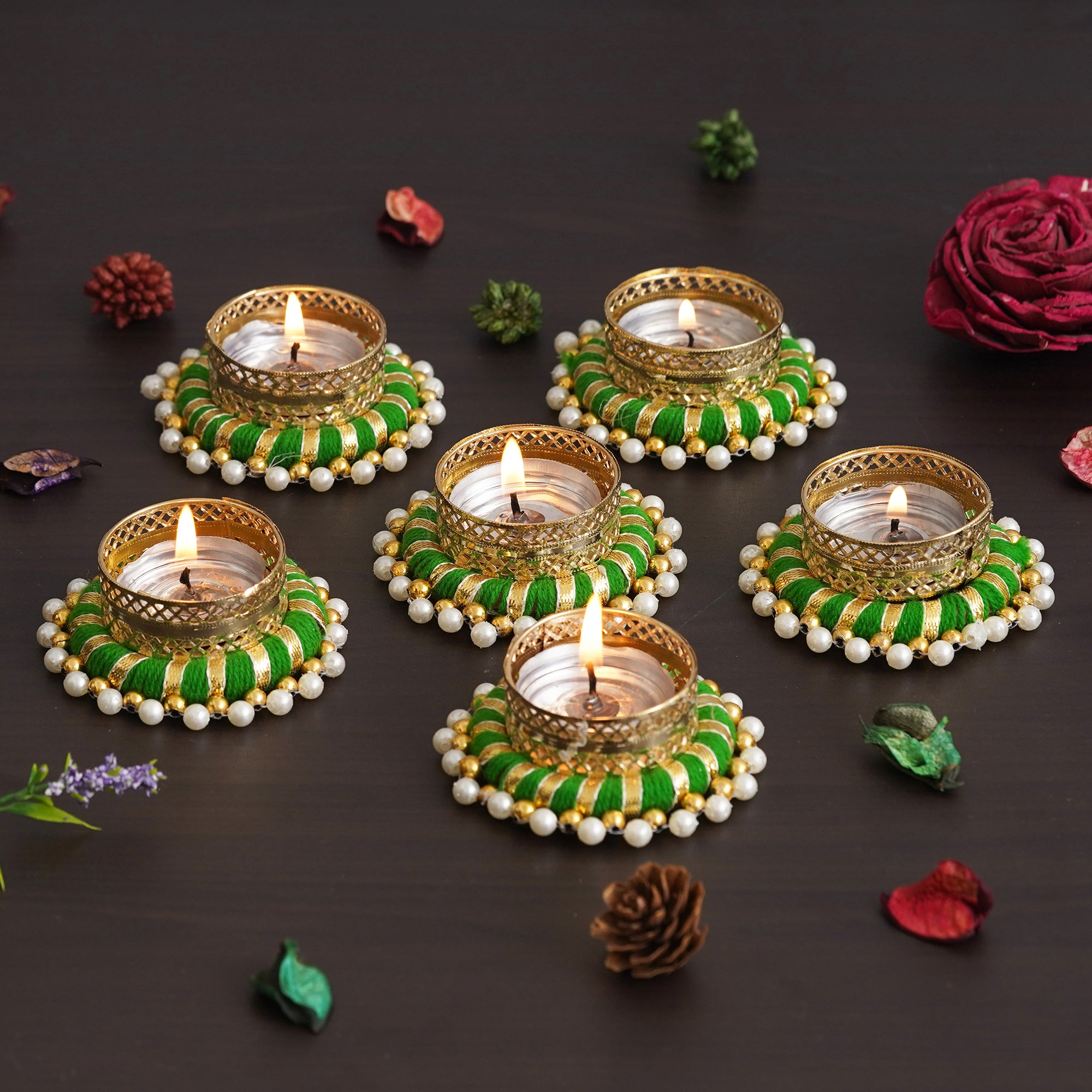 eCraftIndia Set of 6 Green & Golden Round Shaped Beaded Decorative Tea Light Candle Holders 4