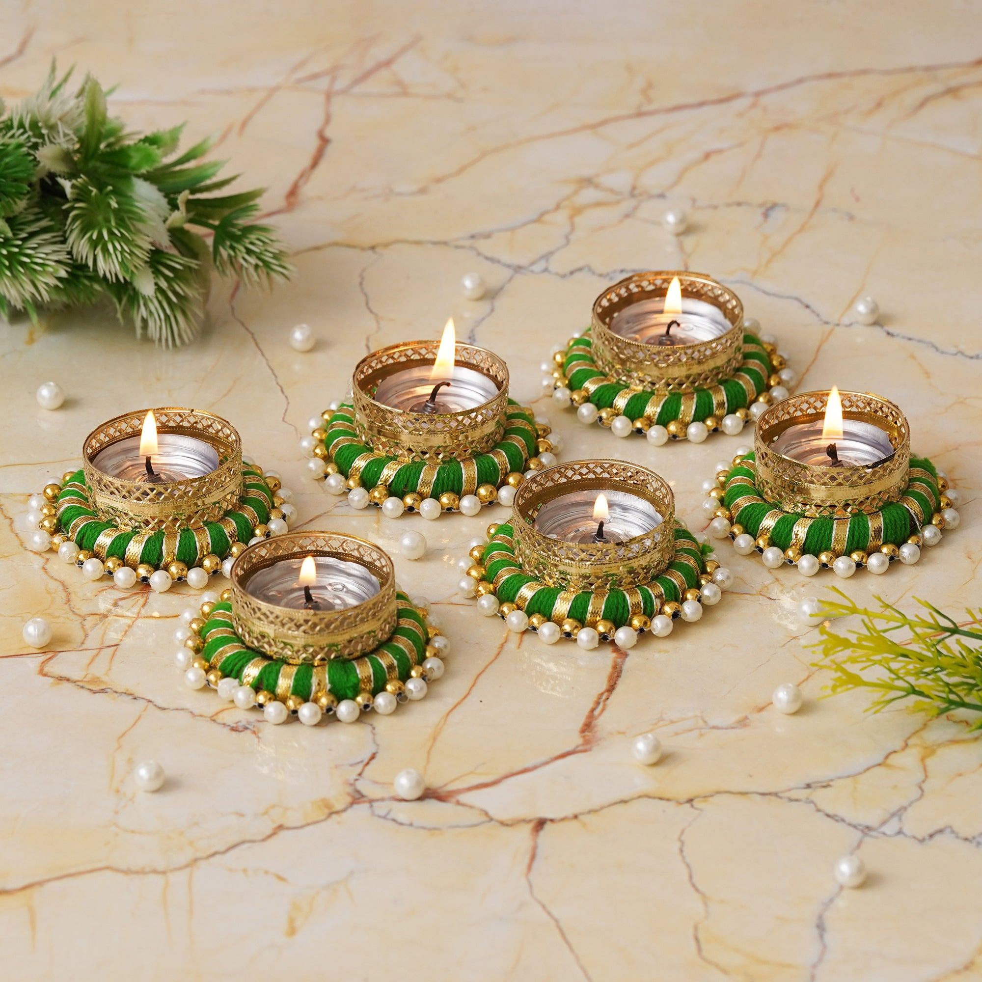 eCraftIndia Set of 6 Green & Golden Round Shaped Beaded Decorative Tea Light Candle Holders 5
