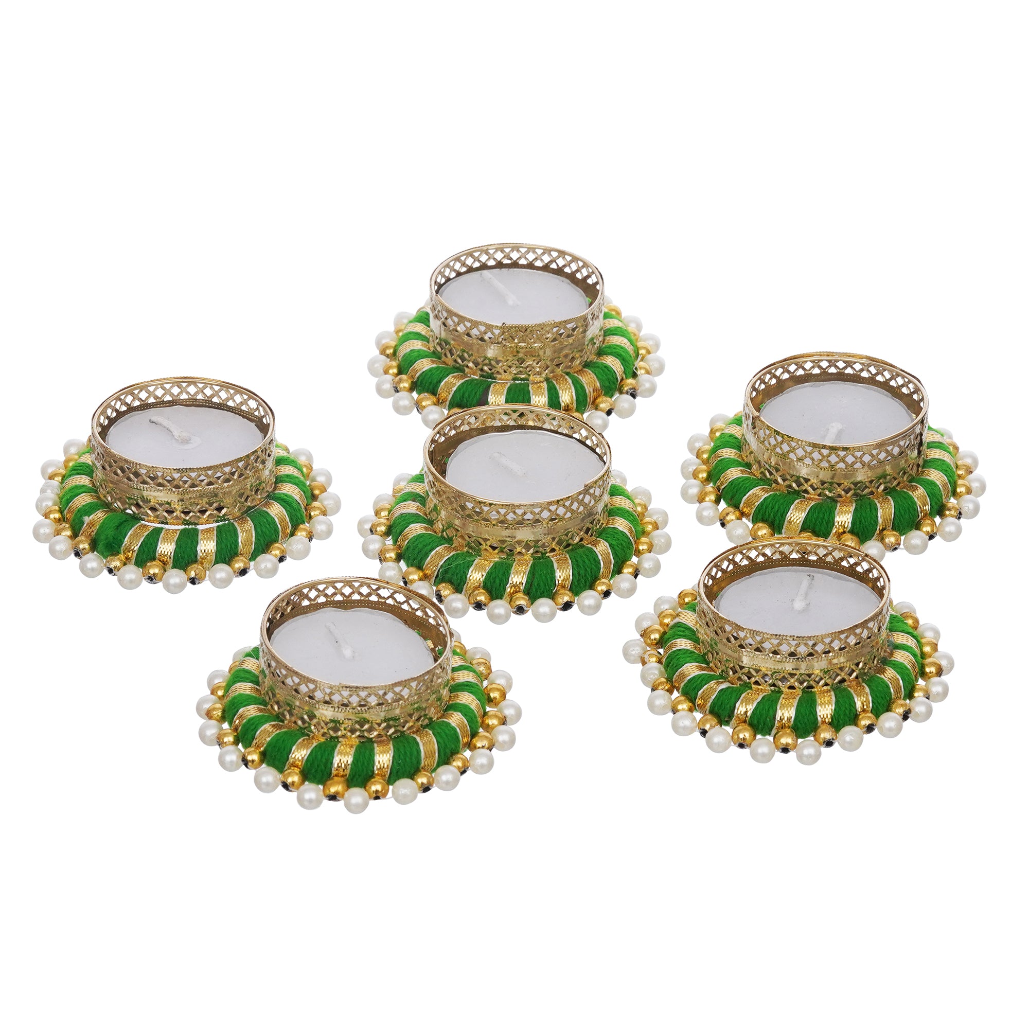 eCraftIndia Set of 6 Green & Golden Round Shaped Beaded Decorative Tea Light Candle Holders 6