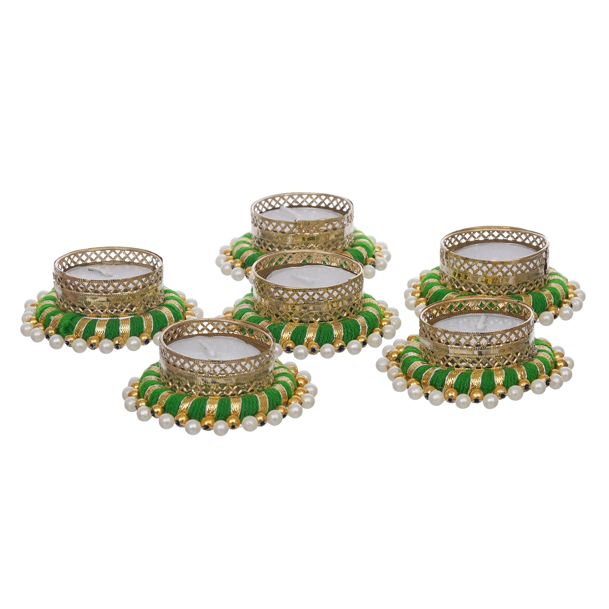 eCraftIndia Set of 6 Green & Golden Round Shaped Beaded Decorative Tea Light Candle Holders 7