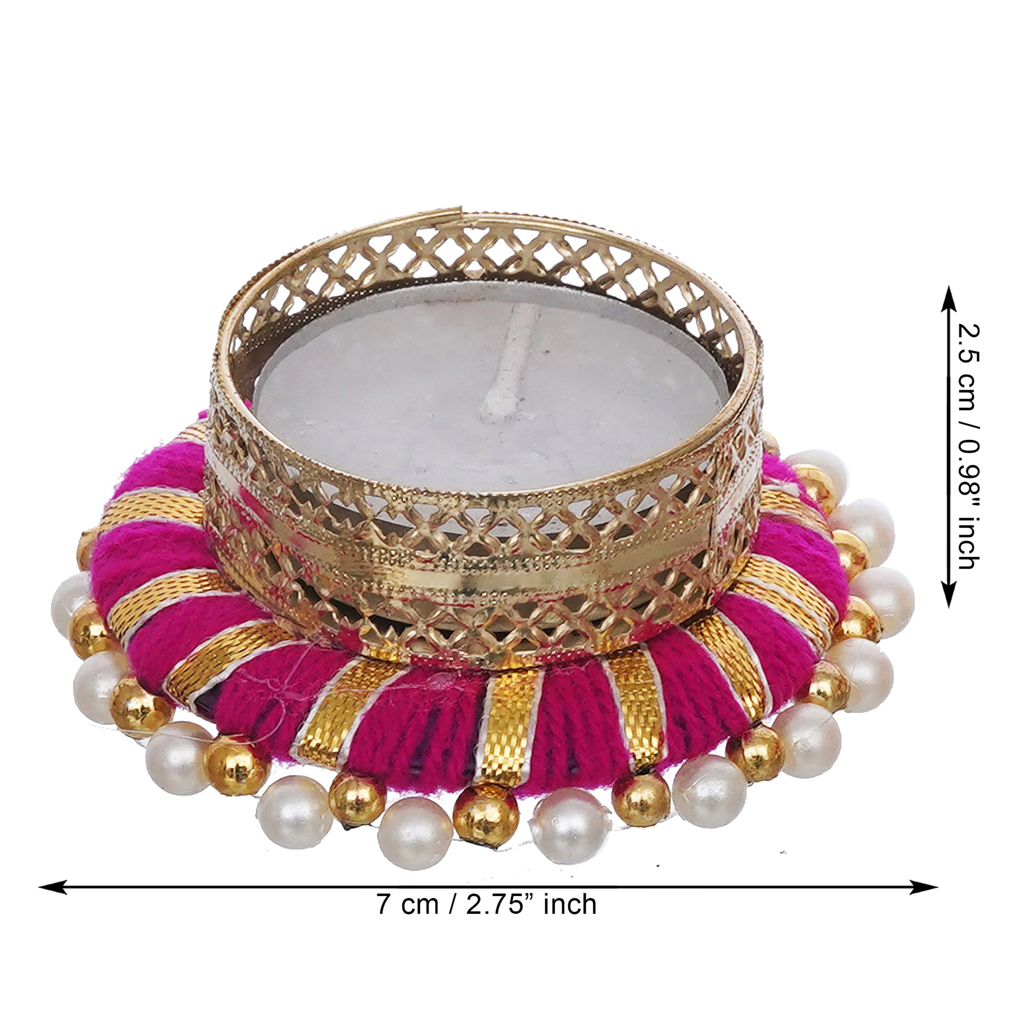 eCraftIndia Set of 4 Pink & Golden Round Shaped Beaded Decorative Tea Light Candle Holders