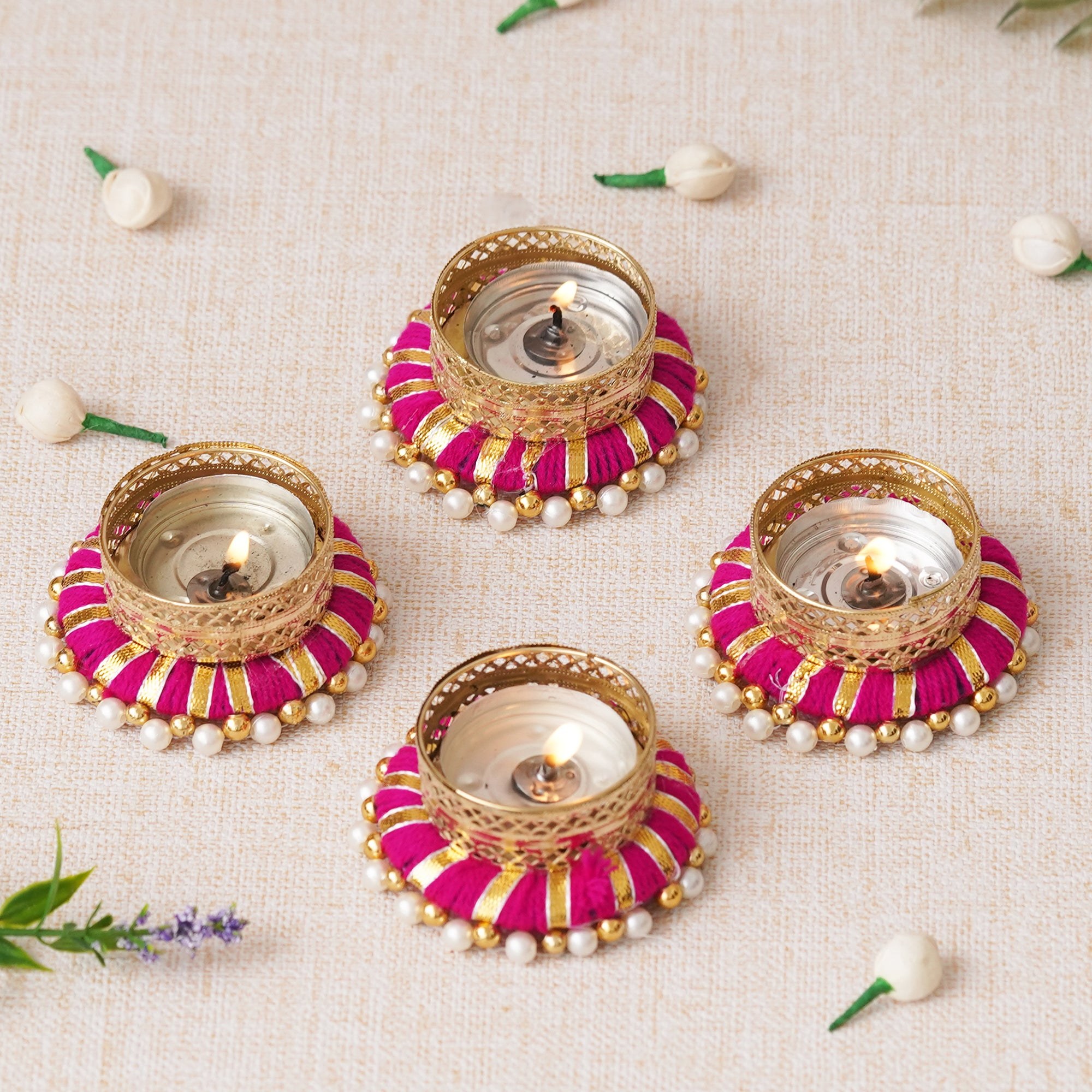 eCraftIndia Set of 4 Pink & Golden Round Shaped Beaded Decorative Tea Light Candle Holders 1
