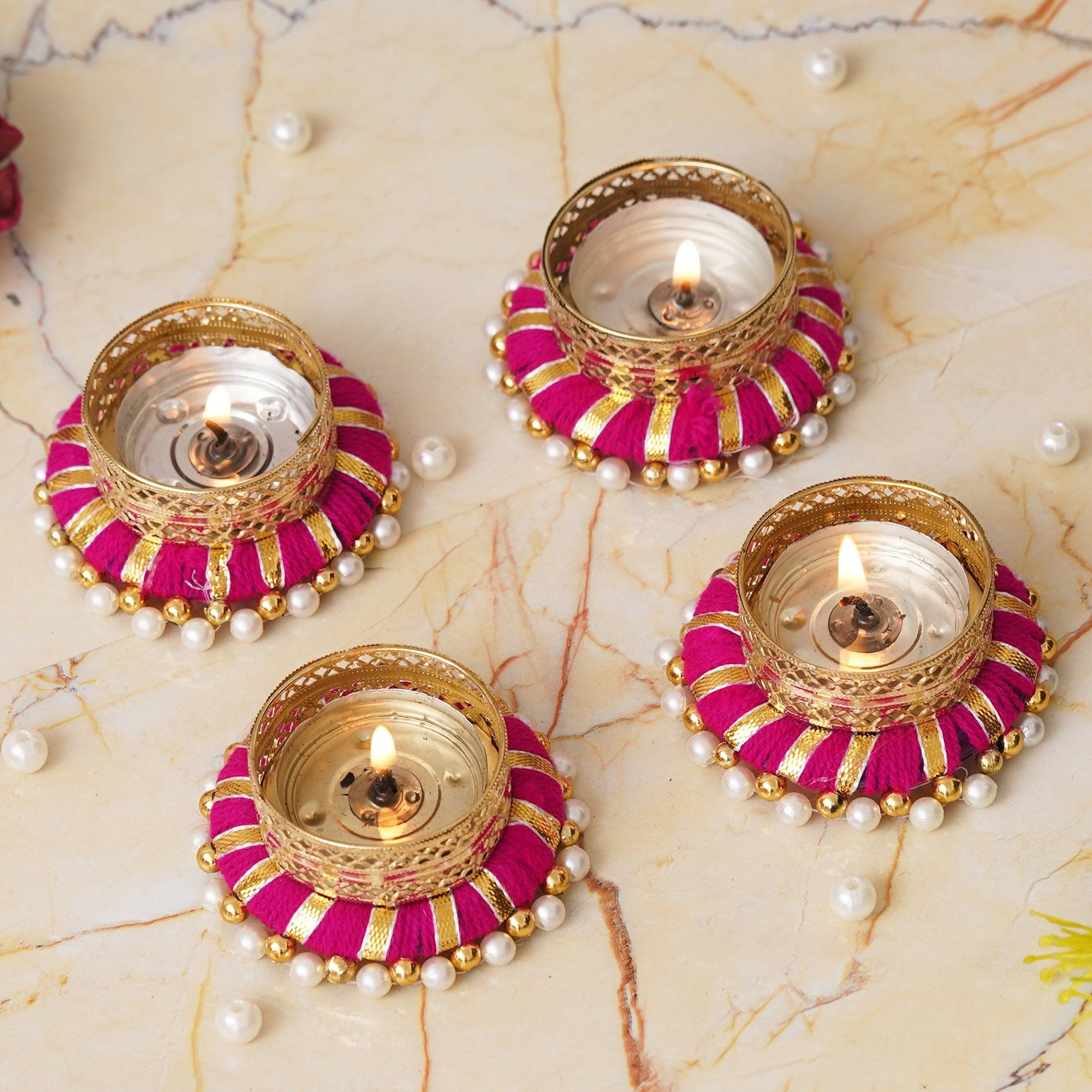 eCraftIndia Set of 4 Pink & Golden Round Shaped Beaded Decorative Tea Light Candle Holders 2