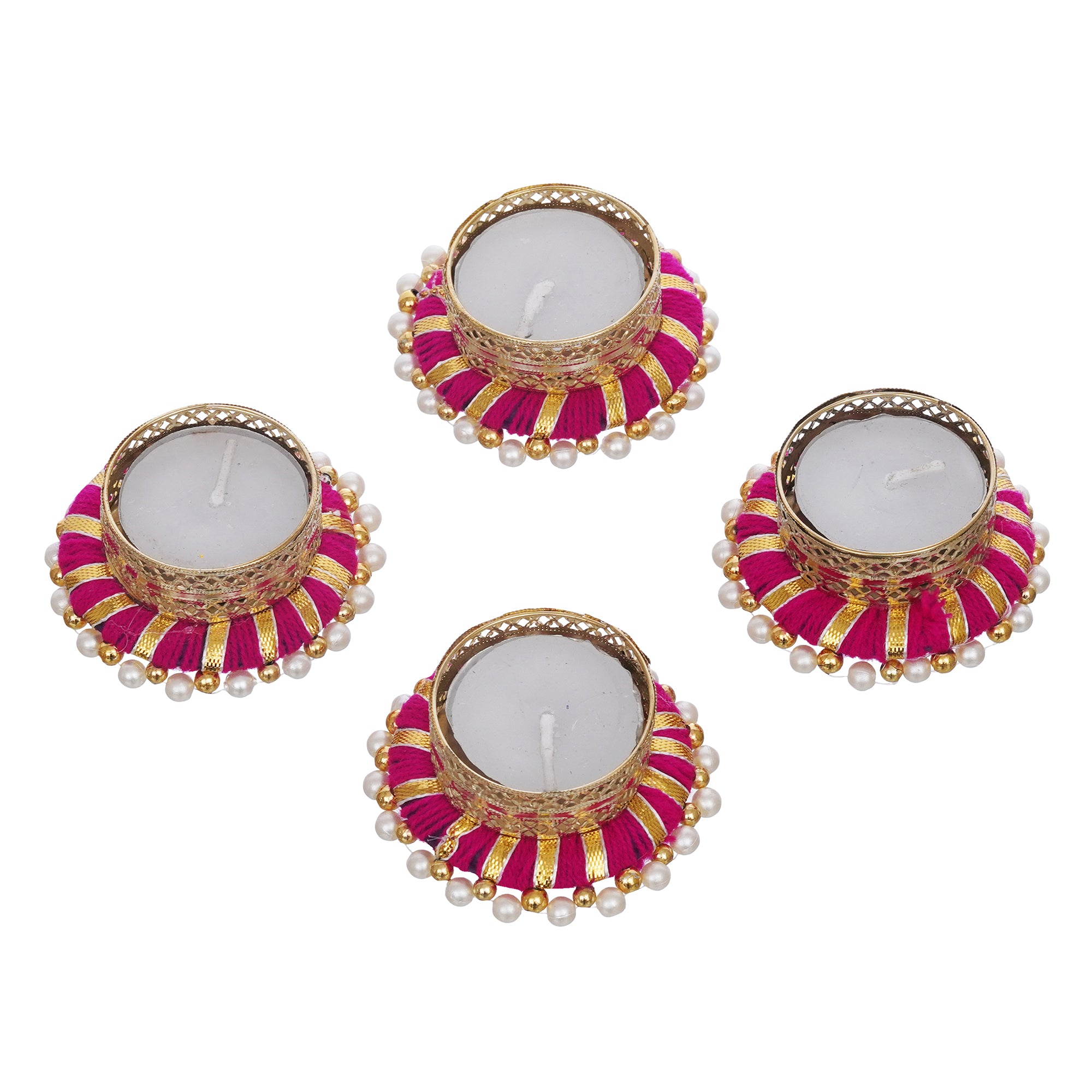 eCraftIndia Set of 4 Pink & Golden Round Shaped Beaded Decorative Tea Light Candle Holders 3