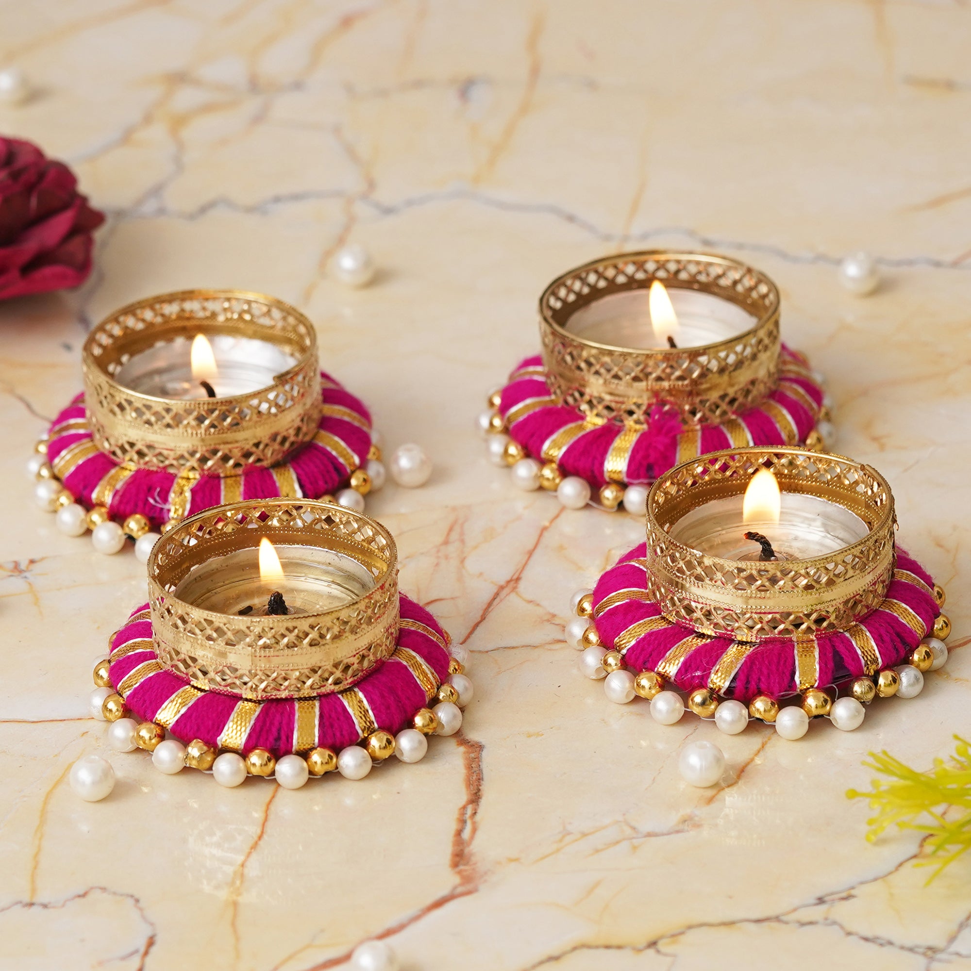 eCraftIndia Set of 4 Pink & Golden Round Shaped Beaded Decorative Tea Light Candle Holders 5