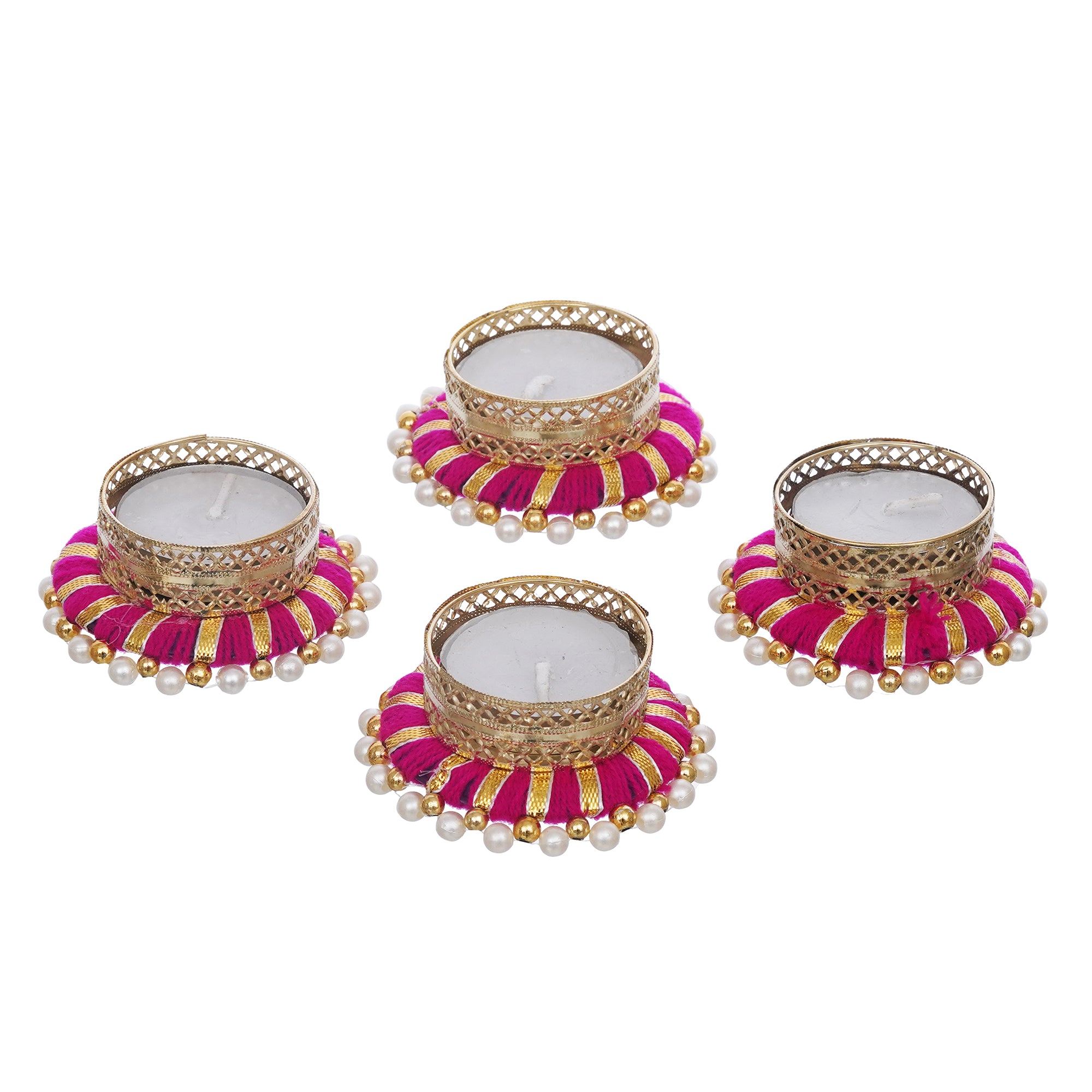 eCraftIndia Set of 4 Pink & Golden Round Shaped Beaded Decorative Tea Light Candle Holders 6