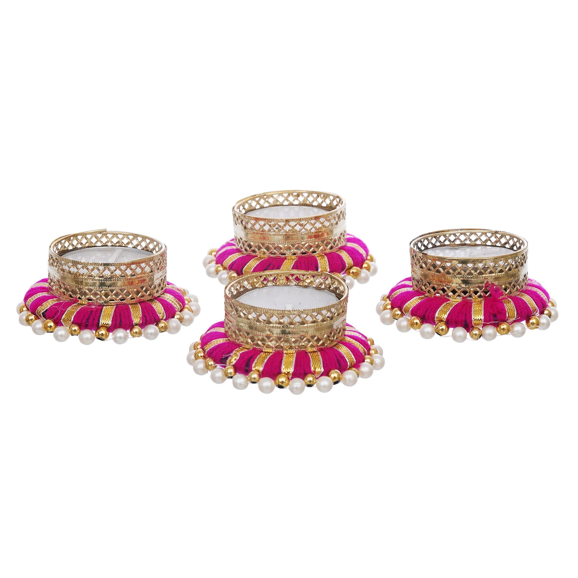 eCraftIndia Set of 4 Pink & Golden Round Shaped Beaded Decorative Tea Light Candle Holders 7