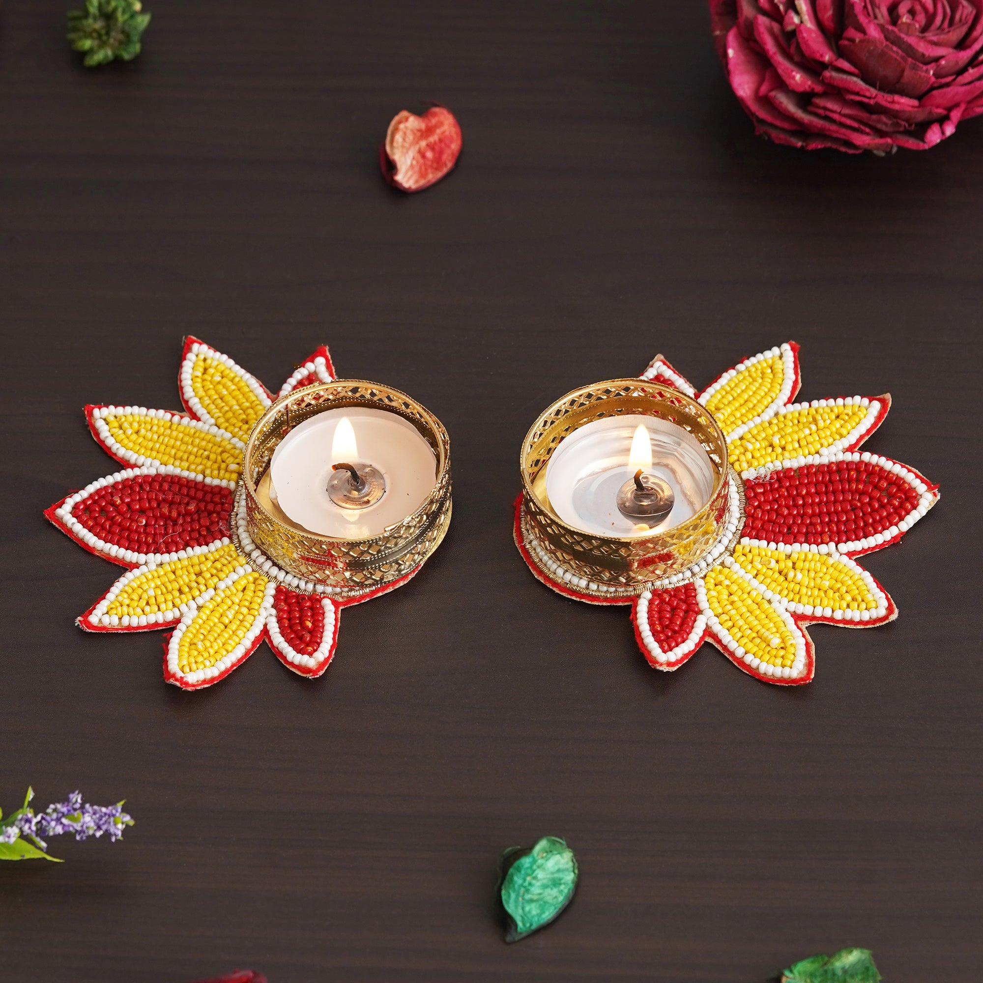 eCraftIndia Set of 2 Yellow and Red Flower Shaped Tea Light Candle Holder