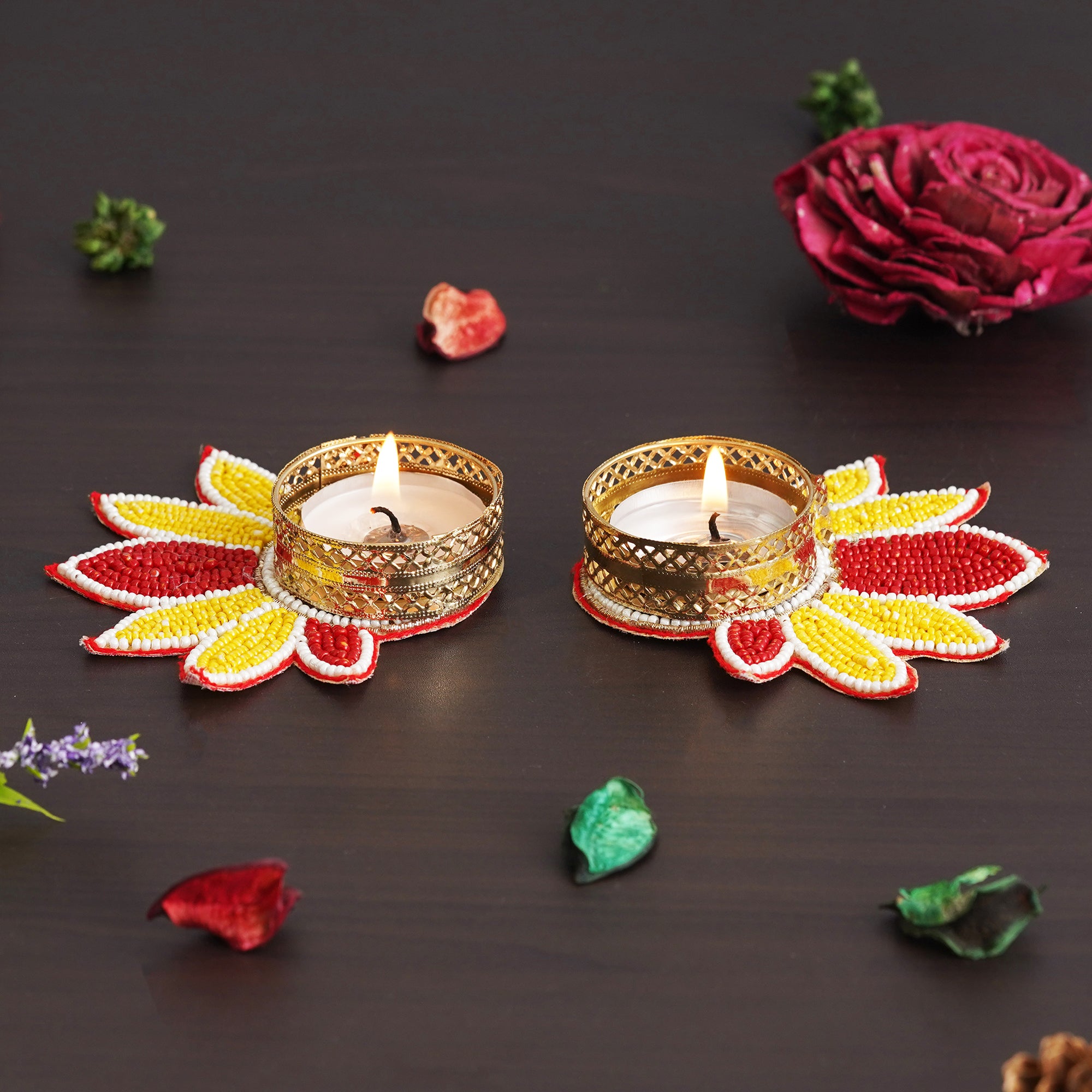 eCraftIndia Set of 2 Yellow and Red Flower Shaped Tea Light Candle Holder 1