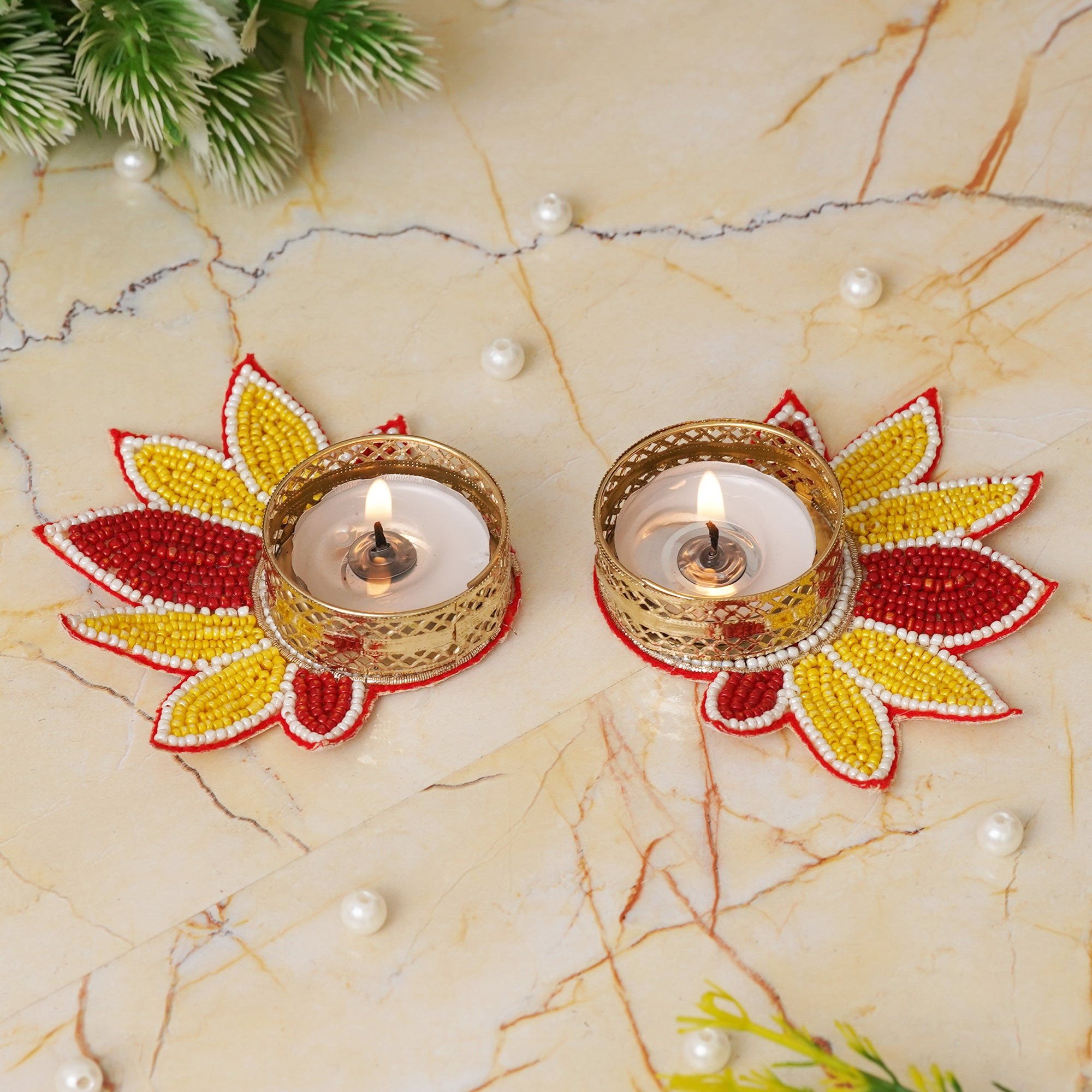eCraftIndia Set of 2 Yellow and Red Flower Shaped Tea Light Candle Holder 4