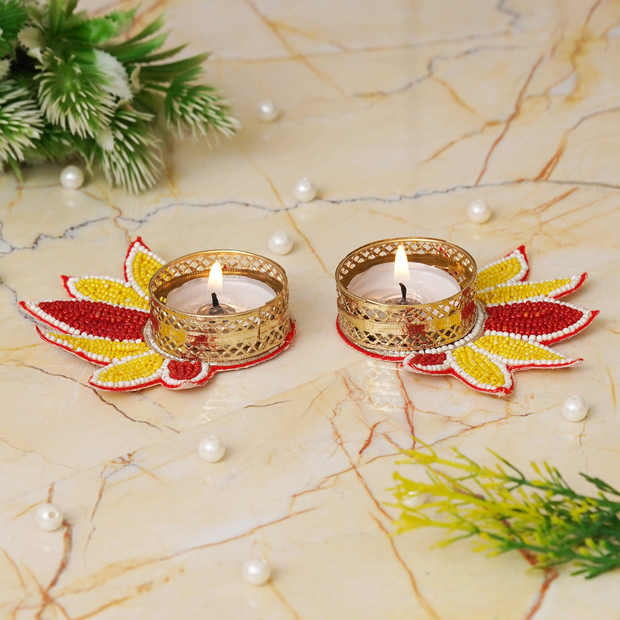 eCraftIndia Set of 2 Yellow and Red Flower Shaped Tea Light Candle Holder 5