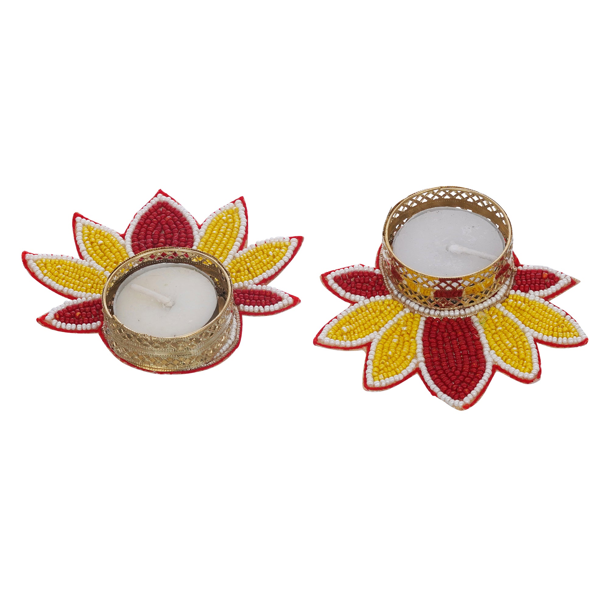 eCraftIndia Set of 2 Yellow and Red Flower Shaped Tea Light Candle Holder 6