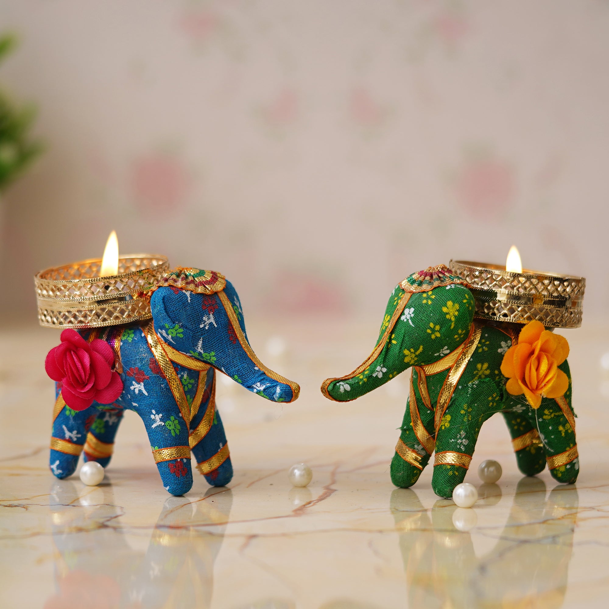 eCraftIndia Blue and Green Elephant Decorative Tea Light Candle Holders (Set of 2)
