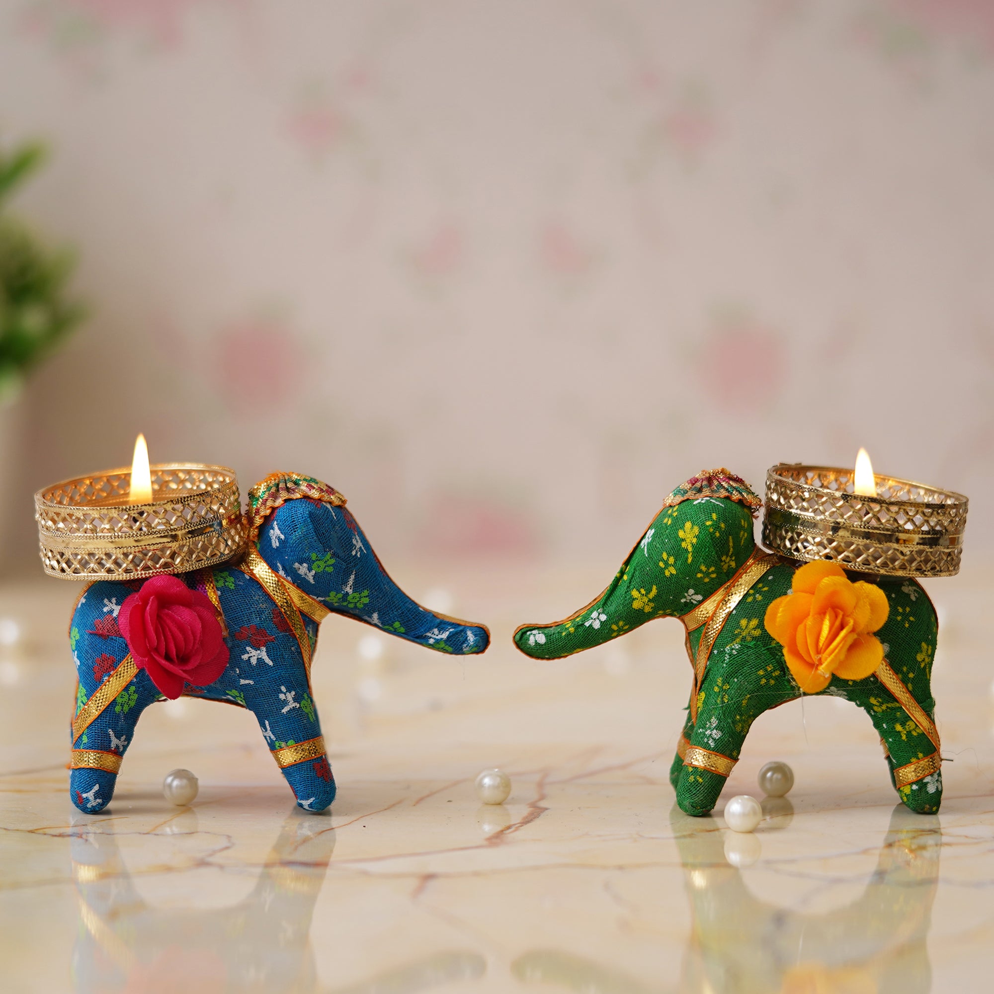 eCraftIndia Blue and Green Elephant Decorative Tea Light Candle Holders (Set of 2) 1