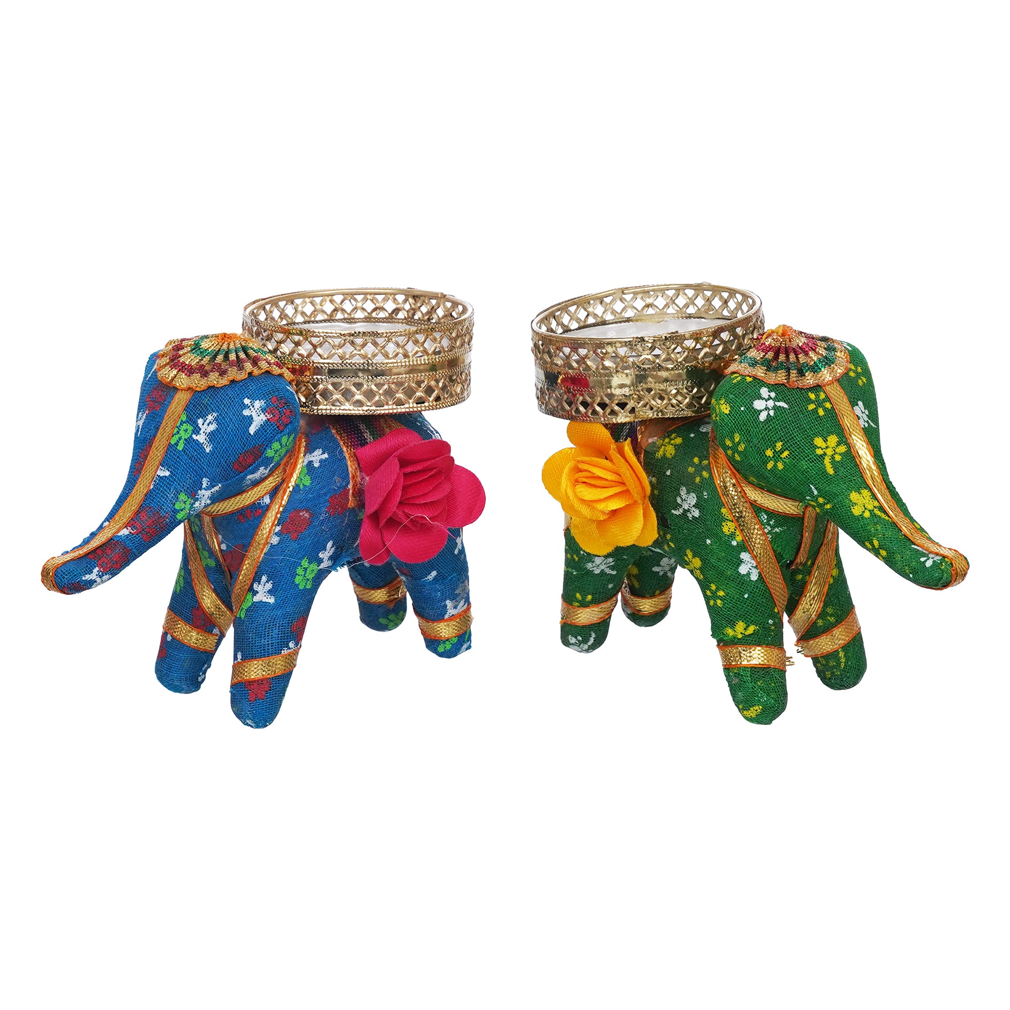 eCraftIndia Blue and Green Elephant Decorative Tea Light Candle Holders (Set of 2) 2