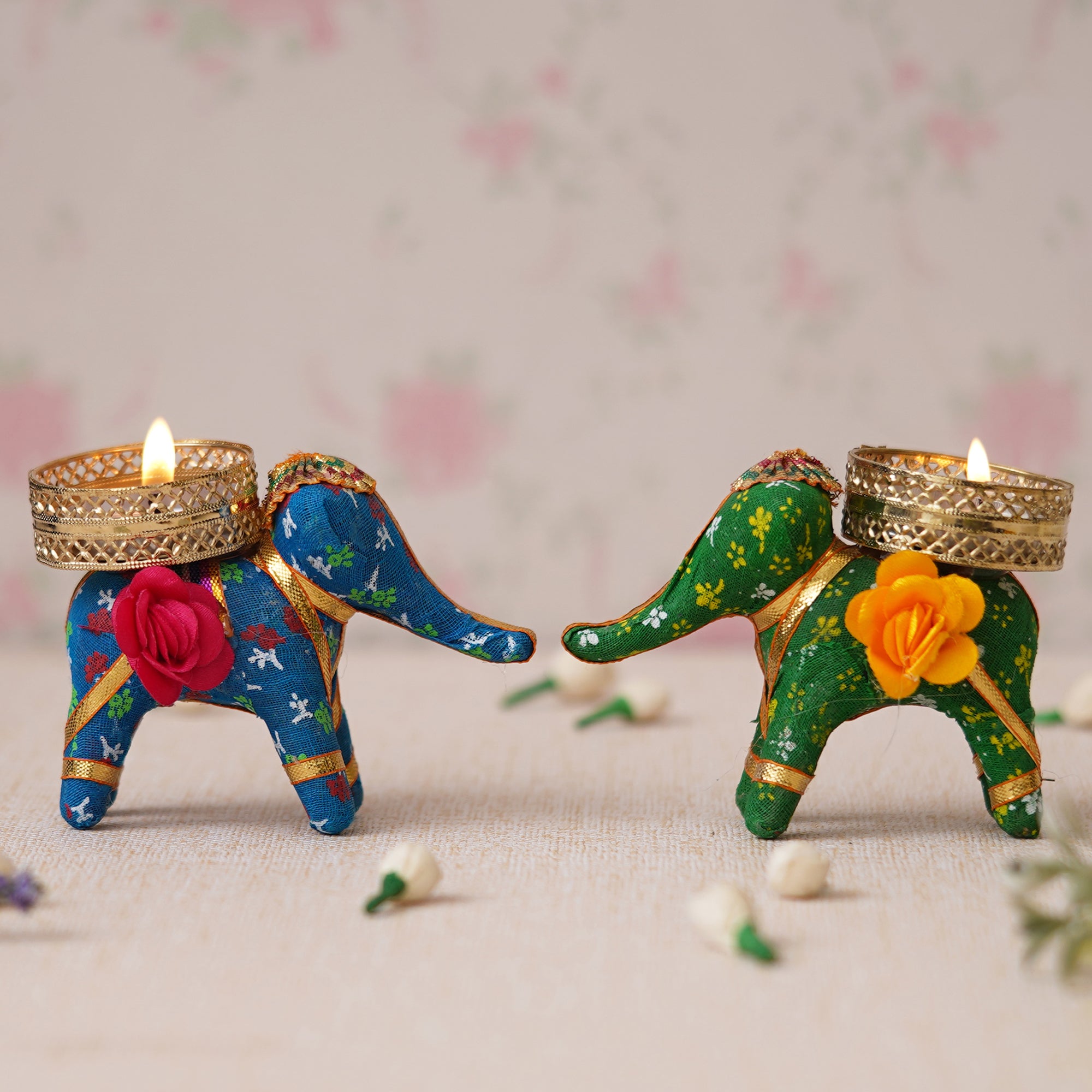 eCraftIndia Blue and Green Elephant Decorative Tea Light Candle Holders (Set of 2) 4