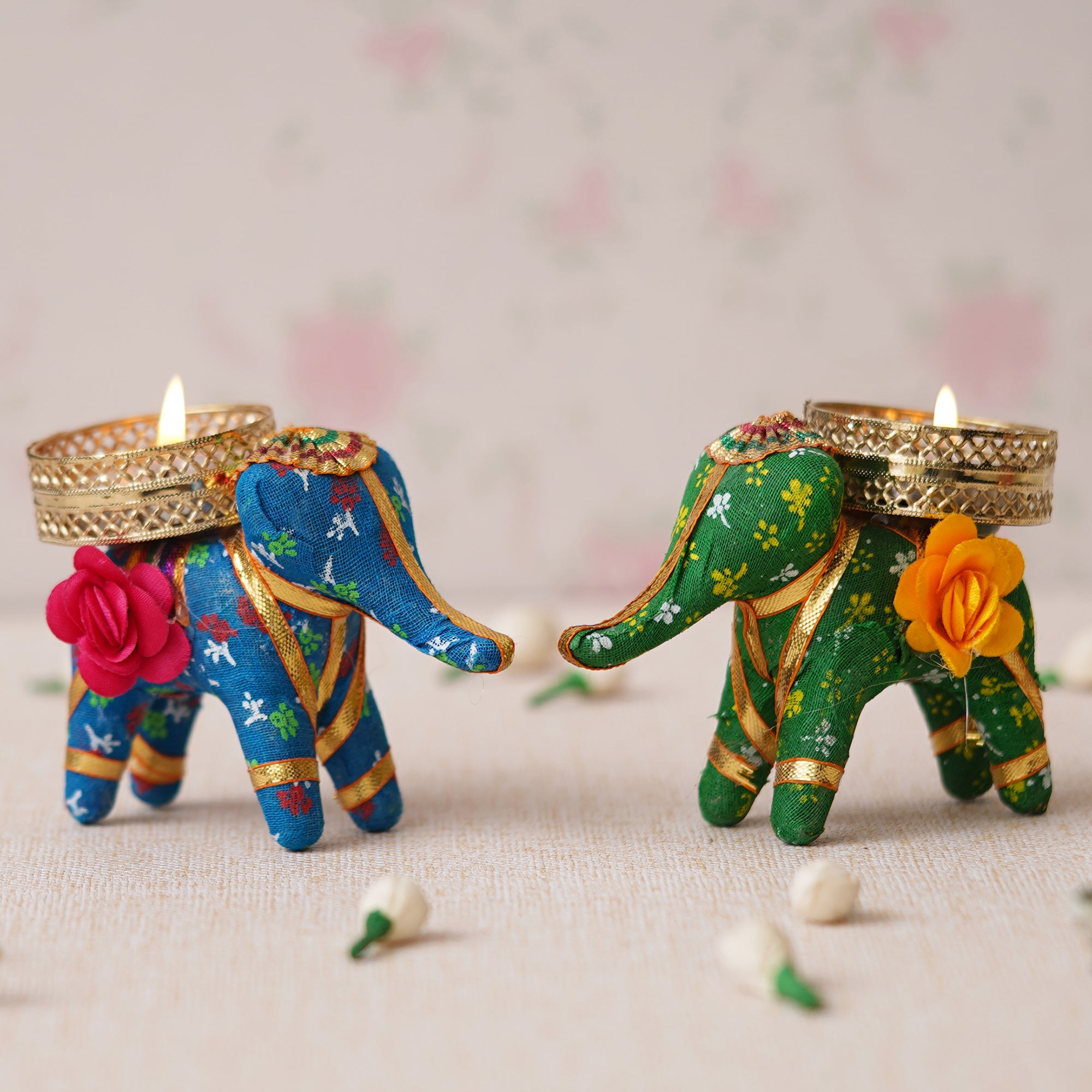 eCraftIndia Blue and Green Elephant Decorative Tea Light Candle Holders (Set of 2) 5