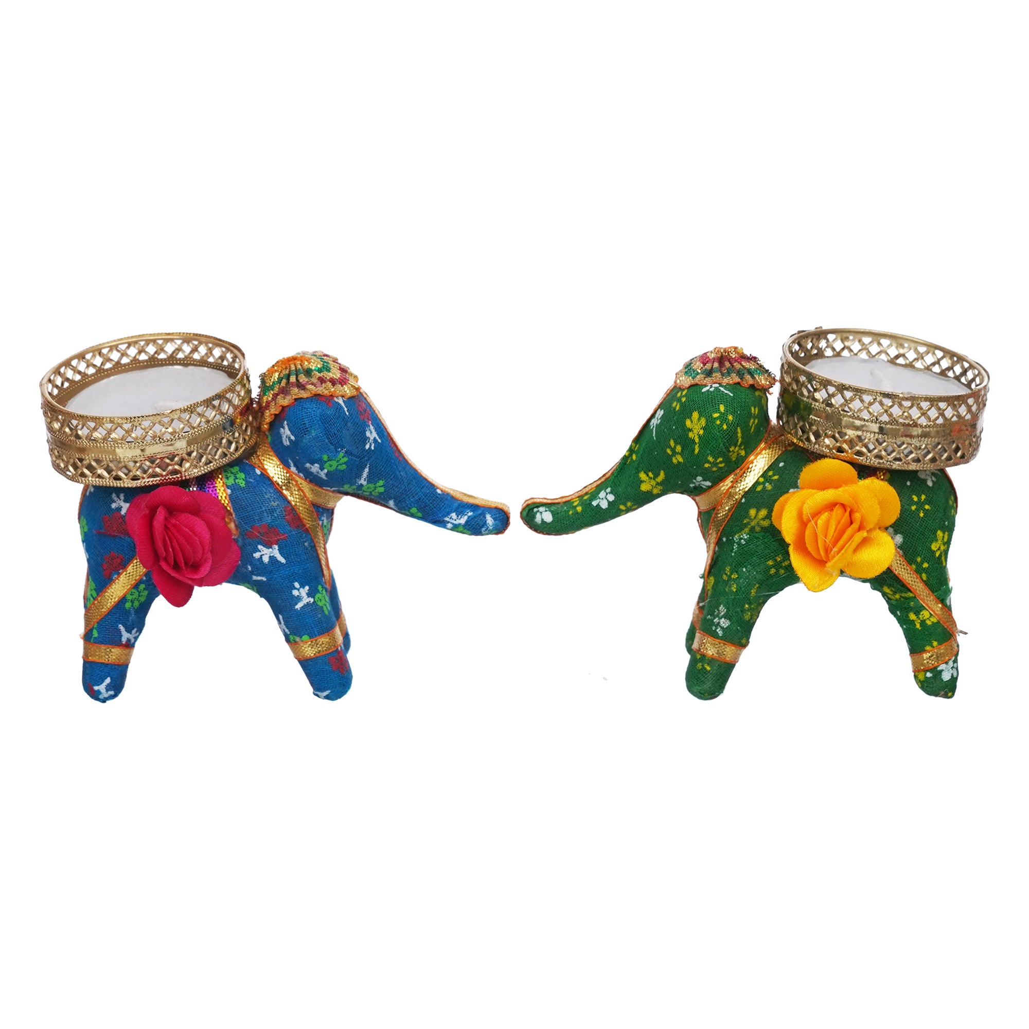 eCraftIndia Blue and Green Elephant Decorative Tea Light Candle Holders (Set of 2) 6