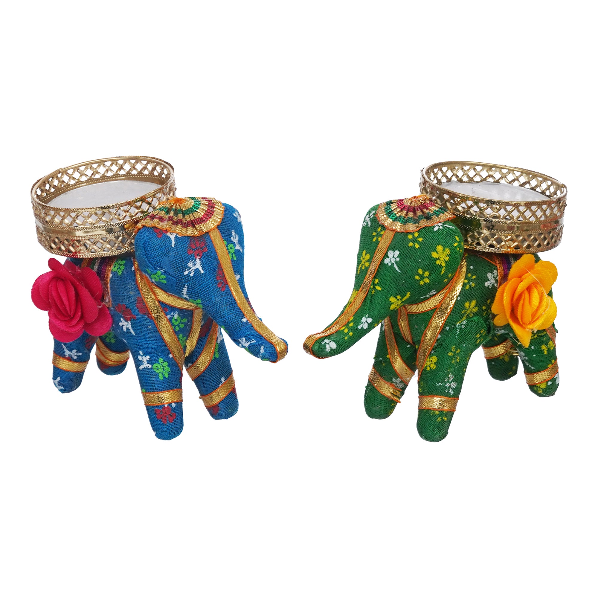 eCraftIndia Blue and Green Elephant Decorative Tea Light Candle Holders (Set of 2) 7