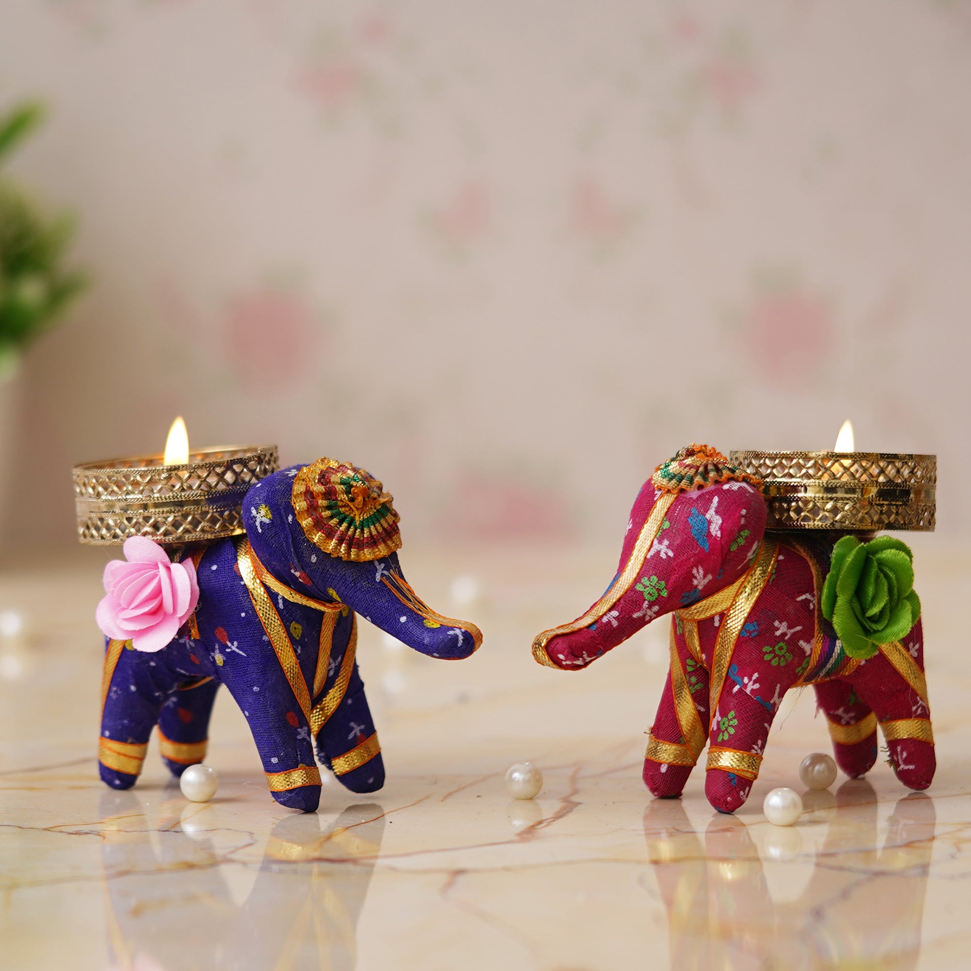 eCraftIndia Pink and Purple Elephant Decorative Tea Light Candle Holders (Set of 2)
