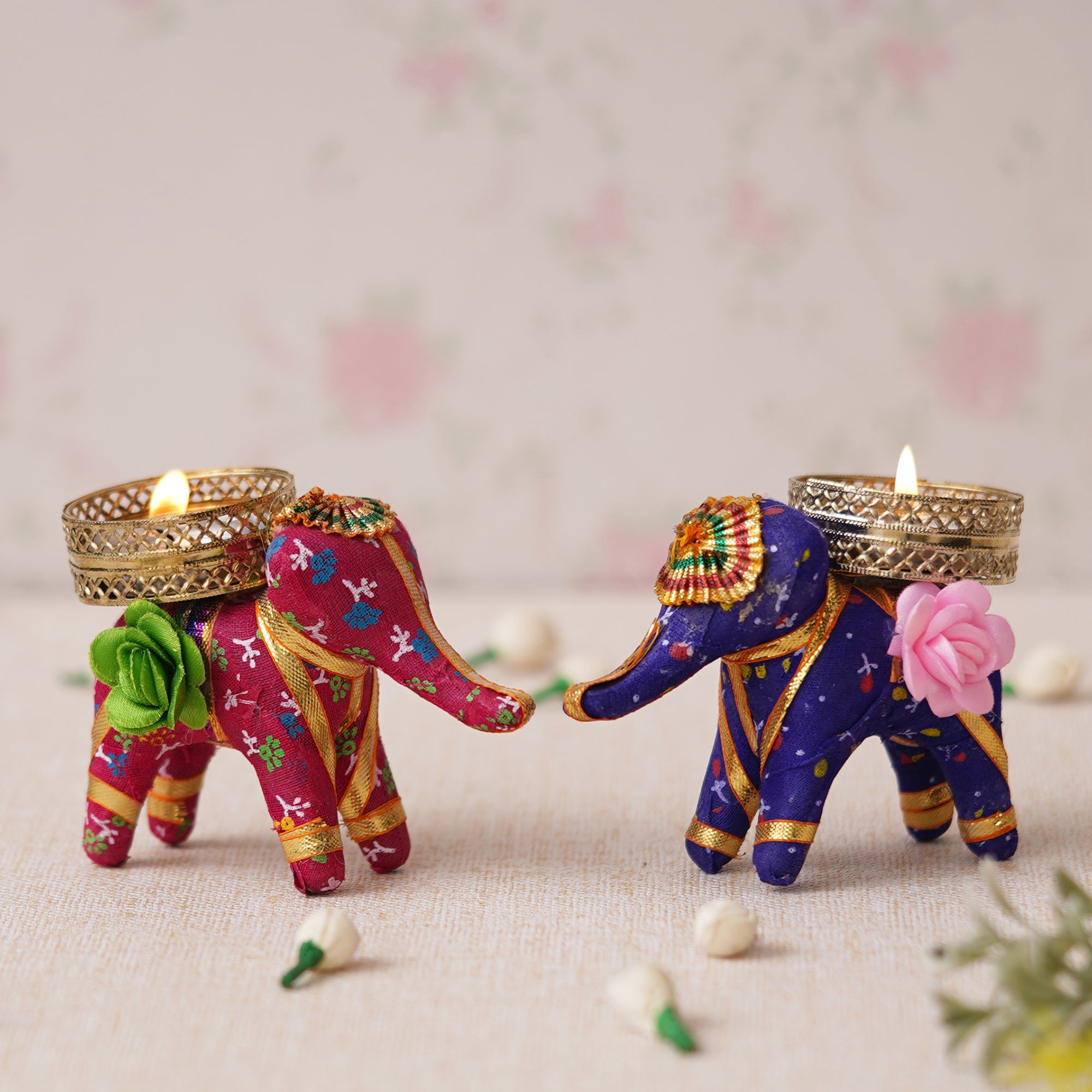 eCraftIndia Pink and Purple Elephant Decorative Tea Light Candle Holders (Set of 2) 1