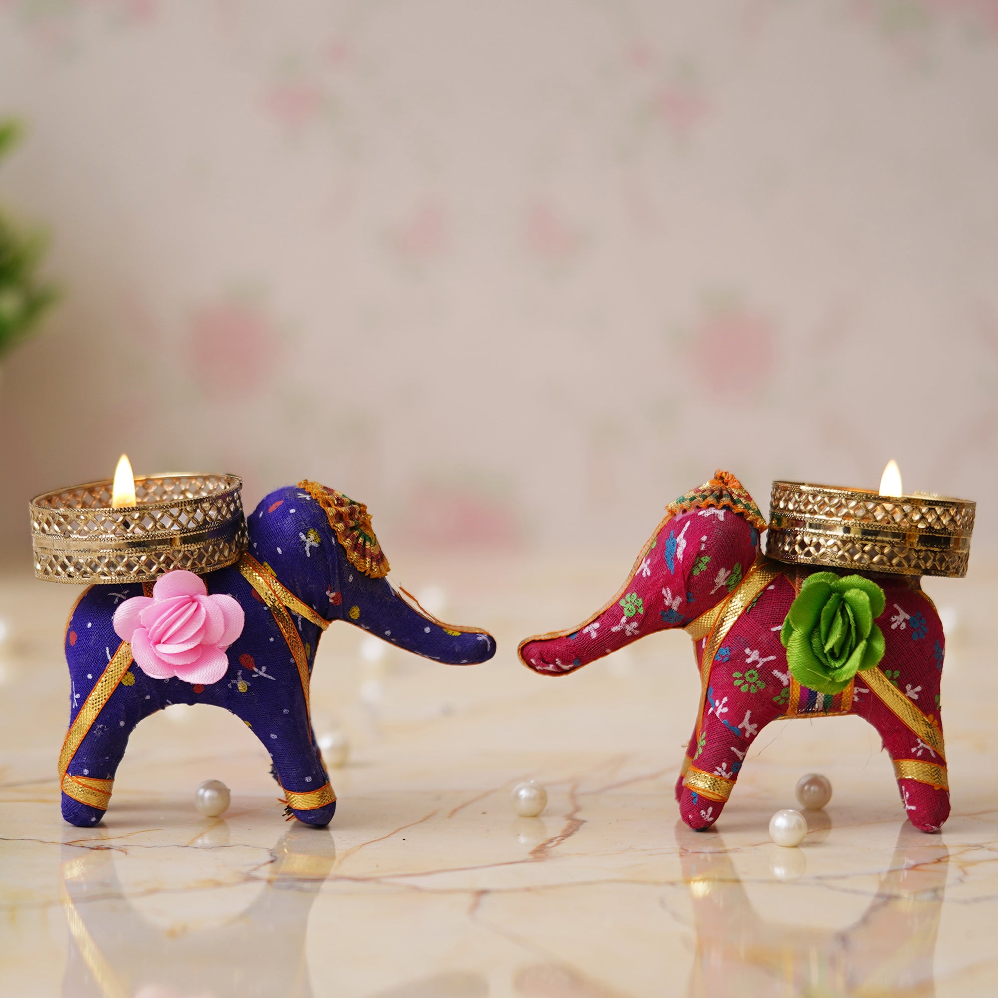 eCraftIndia Pink and Purple Elephant Decorative Tea Light Candle Holders (Set of 2) 5